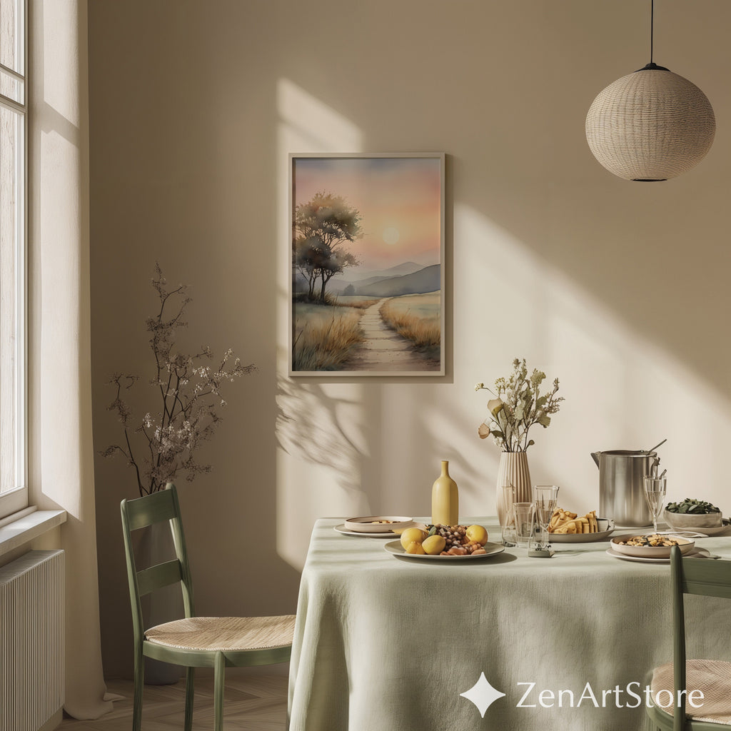 Serene Sunrise Path Watercolor Print - Minimal Neutral Landscape Wall Art for Living Room & Bedroom