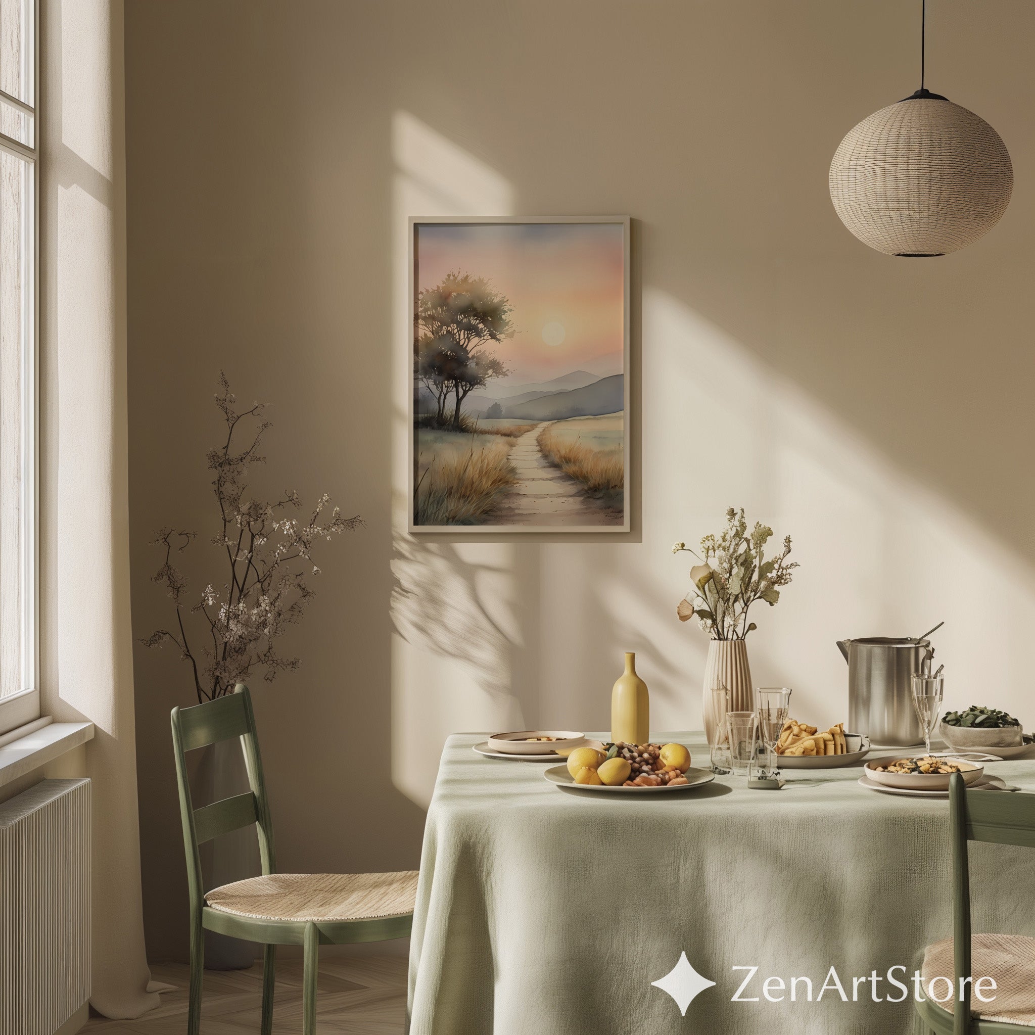 Serene Sunrise Path Watercolor Print - Minimal Neutral Landscape Wall Art for Living Room & Bedroom