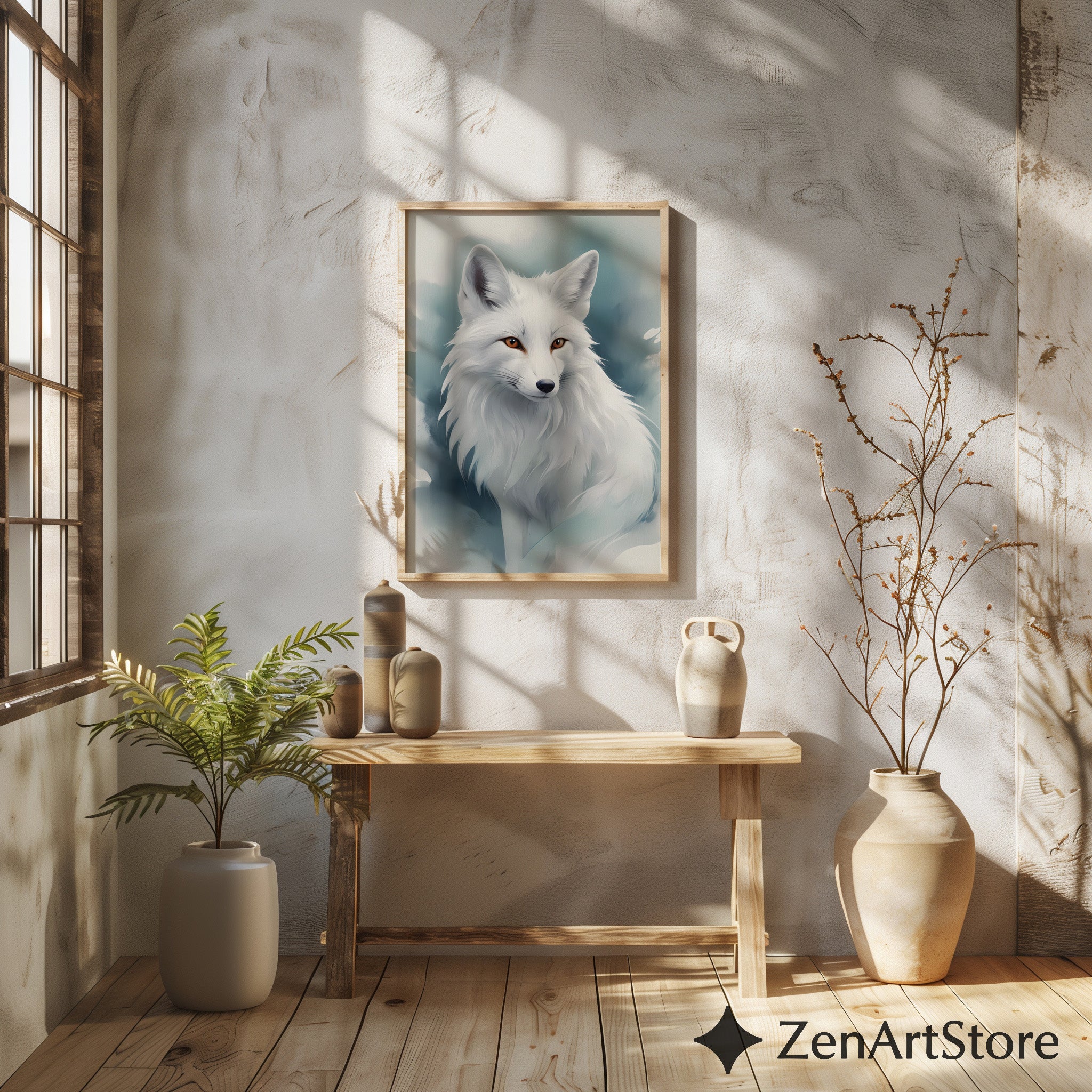 White Arctic Fox Wall Art - Minimal Scandinavian Japandi Fox Print, Neutral Modern Animal Portrait, Printable Digital Download for Home Decor