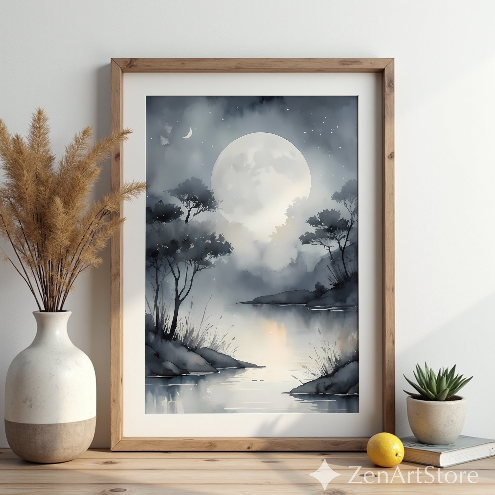 Moonlit Lake Wall Art Print - Serene Minimalist Moon Landscape, Grayscale Japandi Zen Home Decor