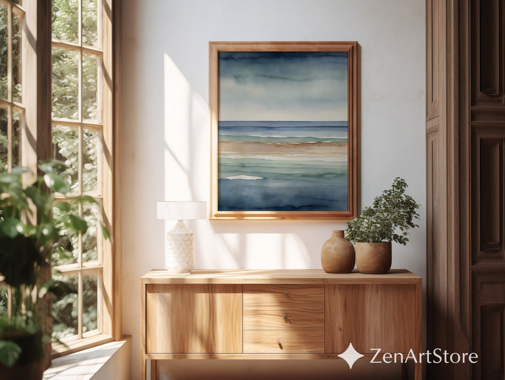 Abstract Coastal Watercolor Print Calm Blue Beige Seascape Minimal Japandi Wall Art Neutral Home Decor