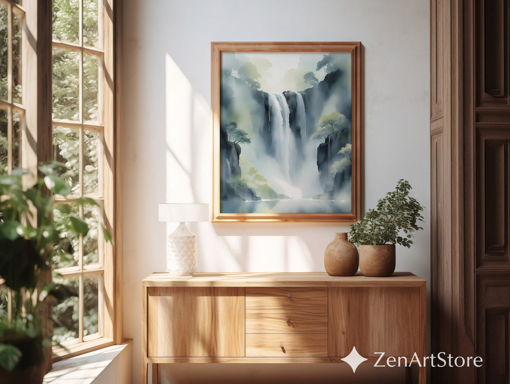 Misty Waterfall Wall Art Printable — Zen Japandi Landscape, Minimal Neutral Nature Print for Living Room & Bedroom
