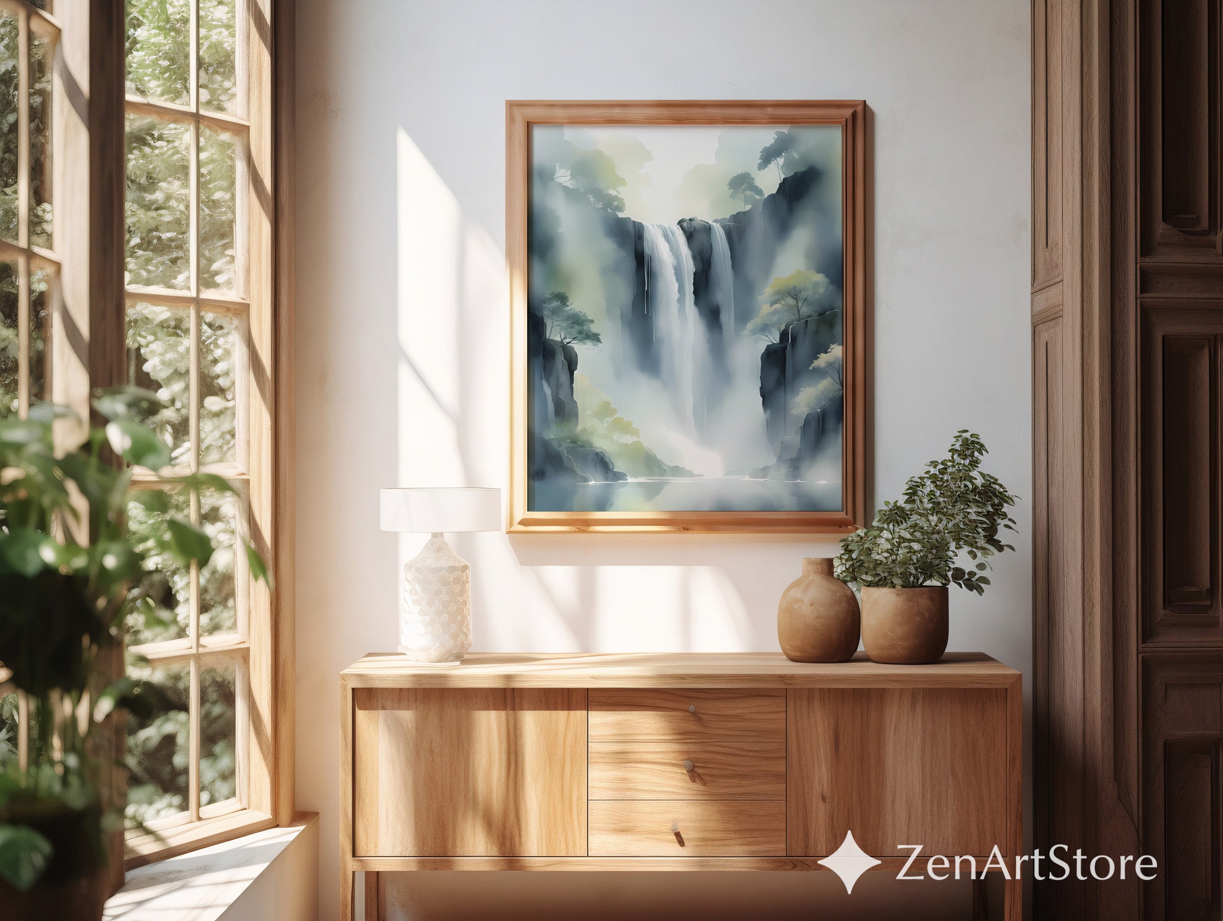 Misty Waterfall Wall Art Printable — Zen Japandi Landscape, Minimal Neutral Nature Print for Living Room & Bedroom
