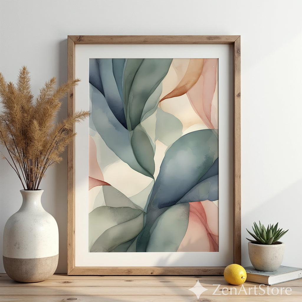 Abstract Botanical Leaf Wall Art - Neutral Japandi Minimalist Pastel Print for Living Room Bedroom Nursery