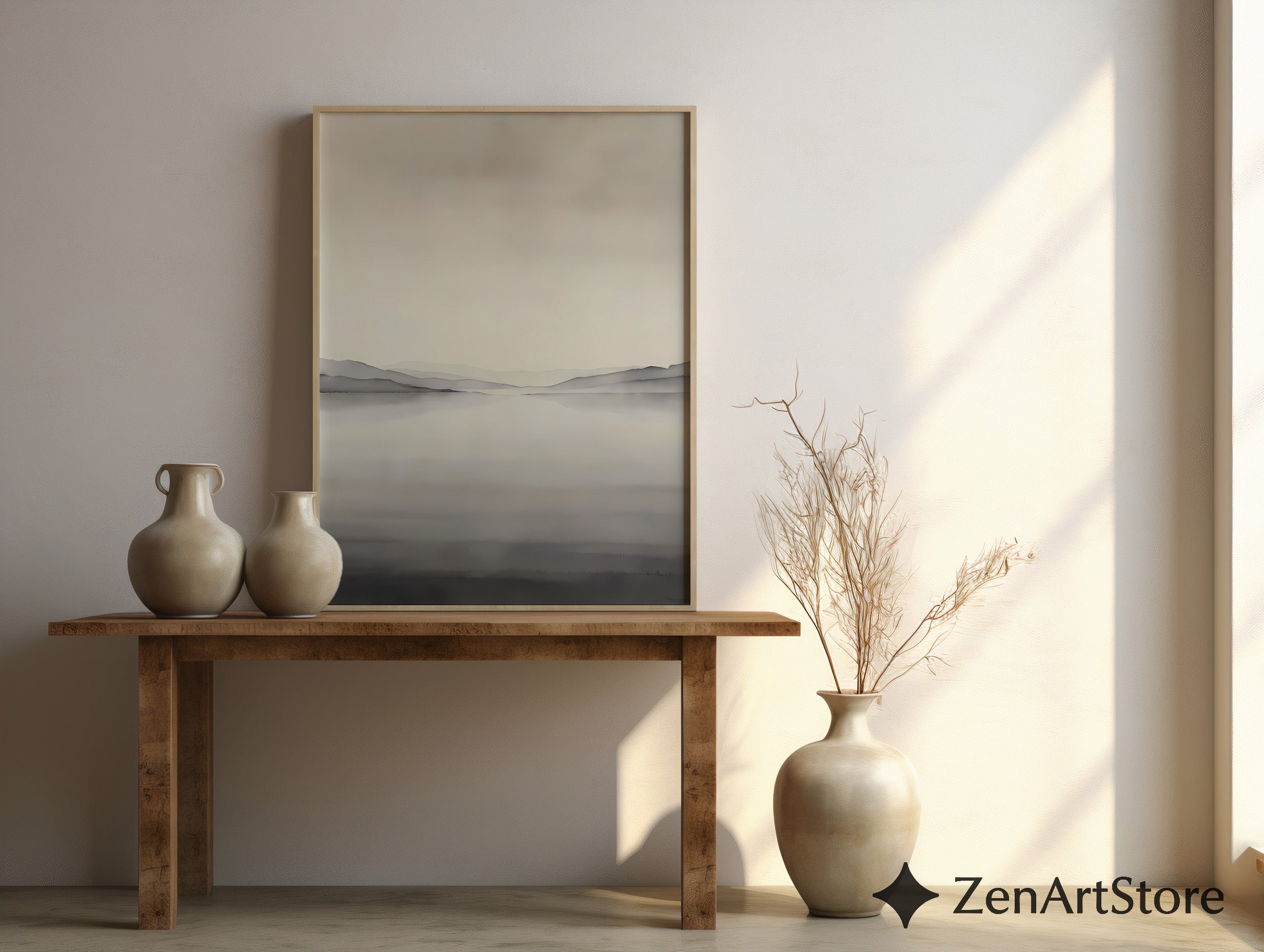 Minimal Neutral Landscape Wall Art - Misty Lake with Layered Hills - Japandi Scandinavian Zen Print for Living Room Bedroom