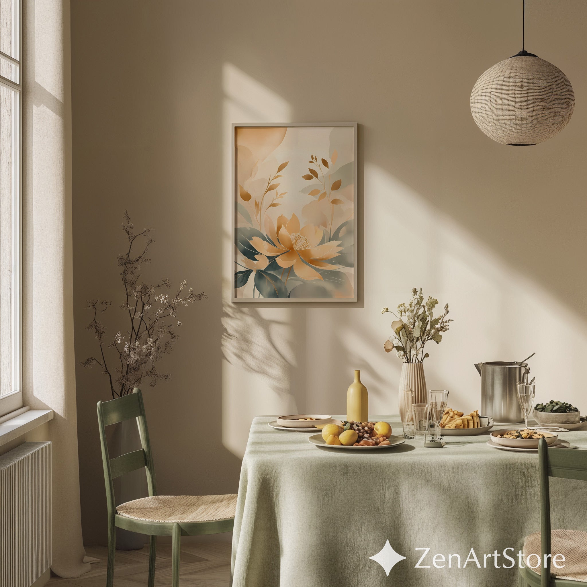 Golden Lotus Botanical Wall Art - Neutral Beige & Sage Floral Print, Japandi Minimalist Abstract Flower Poster