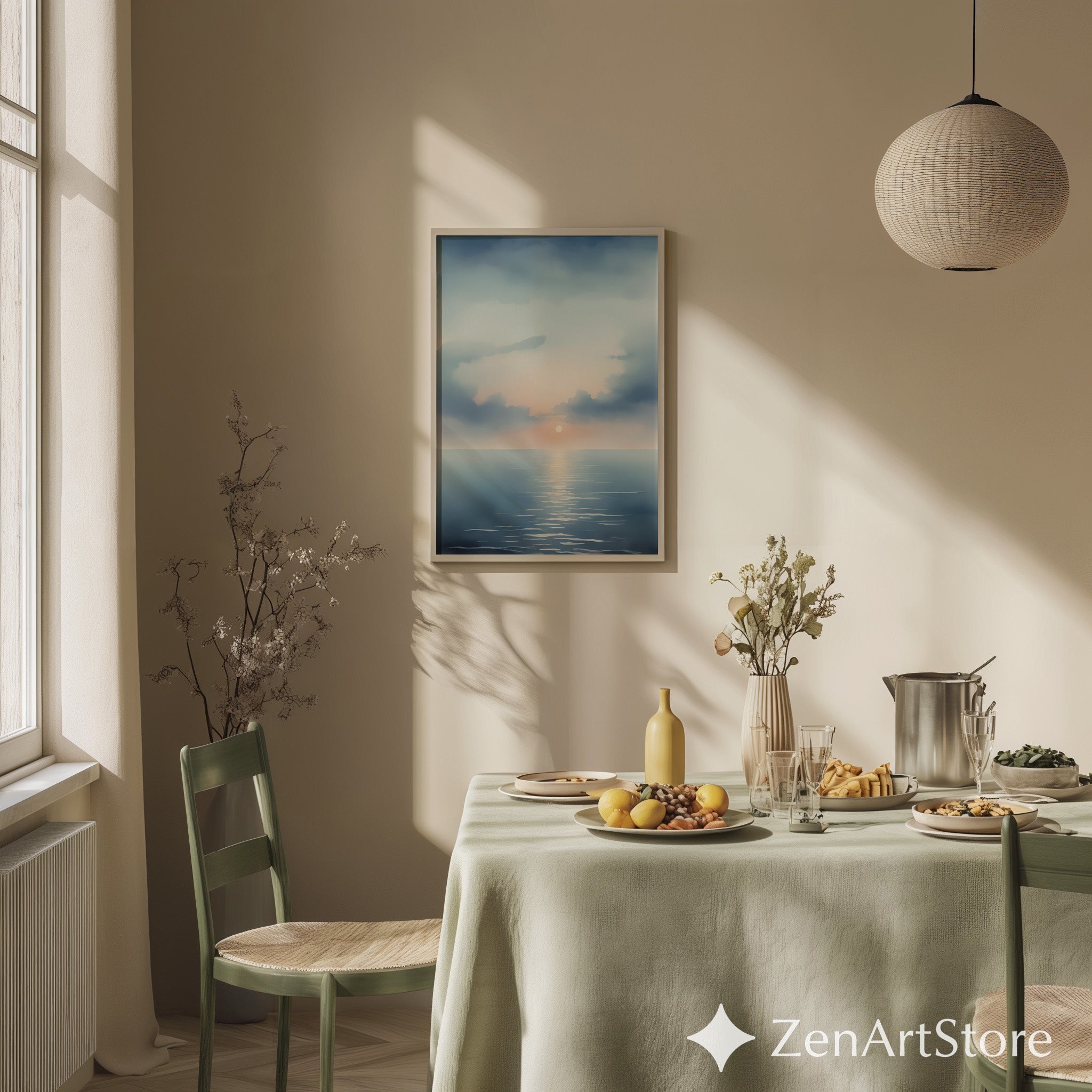 Serene Seascape Sunrise Wall Art - Minimal Ocean Print in Blue & Peach, Zen Japandi Coastal Canvas or Printable