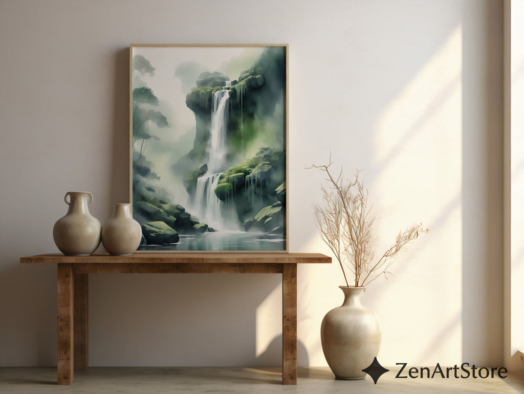 Misty Waterfall Wall Art Print – Zen Green Landscape for Living Room, Japandi Minimalist Nature Canvas