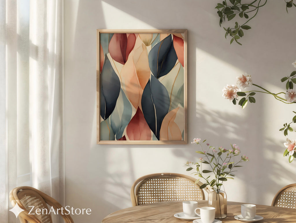 Abstract Botanical Leaf Art Print - Neutral Beige Blush Navy Wall Decor - Japandi Minimalist Modern Home Decor