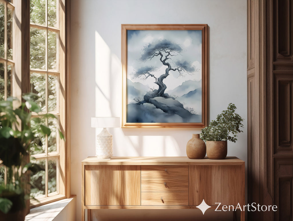 Misty Bonsai Tree Wall Art – Minimal Zen Landscape Print, Japandi Neutral Canvas or Printable for Living Room