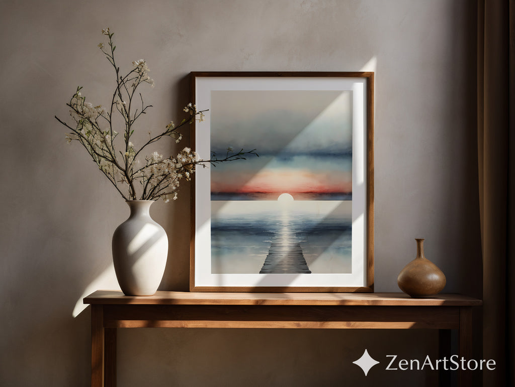 Serene Sunrise Seascape Print - Minimal Coastal Wall Art, Pier Horizon, Modern Japandi Zen Living Room Decor