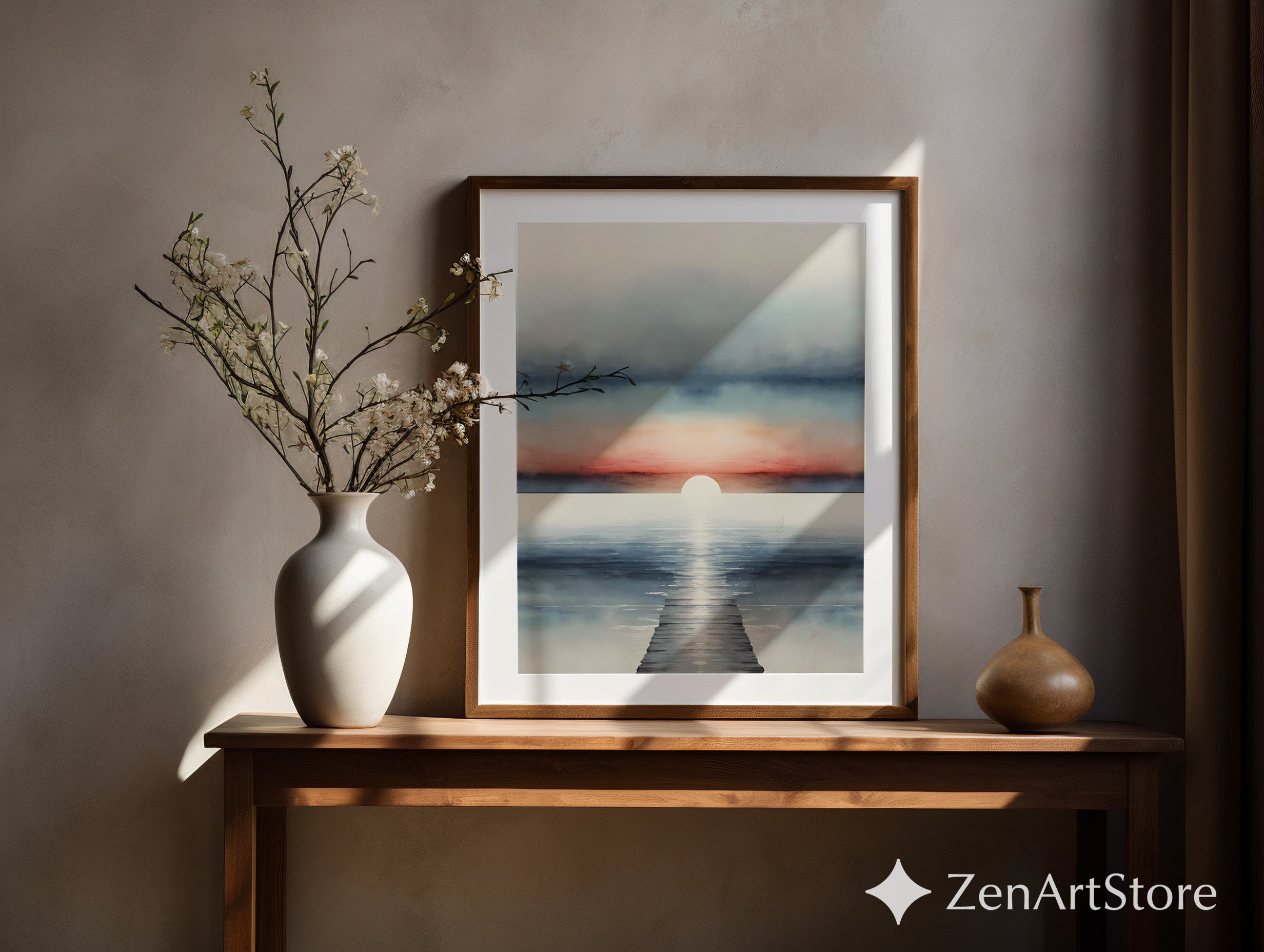 Serene Sunrise Seascape Print - Minimal Coastal Wall Art, Pier Horizon, Modern Japandi Zen Living Room Decor