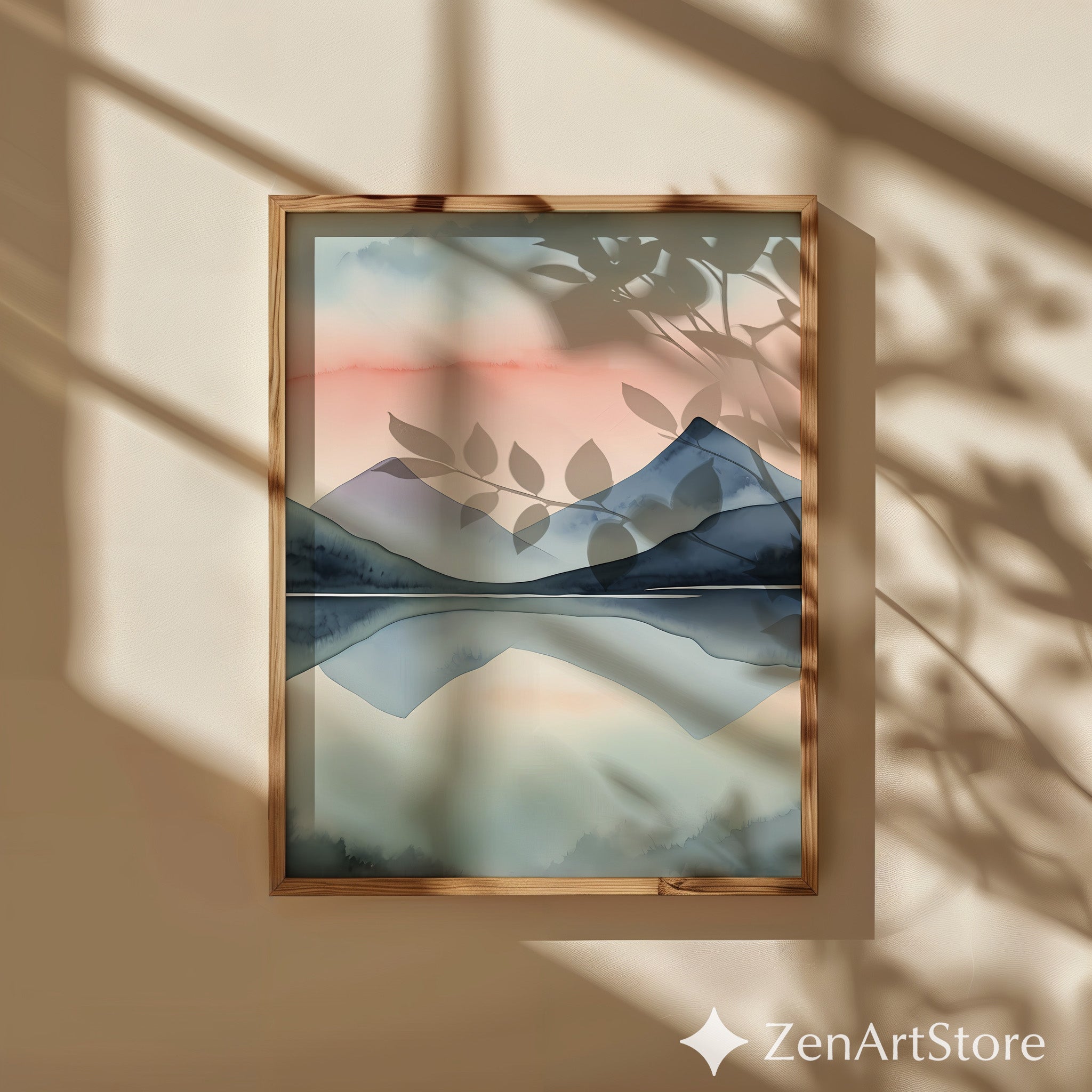 Minimal Mountain Watercolor Print - Pastel Sunset Reflection Zen Japandi Scandinavian Wall Art