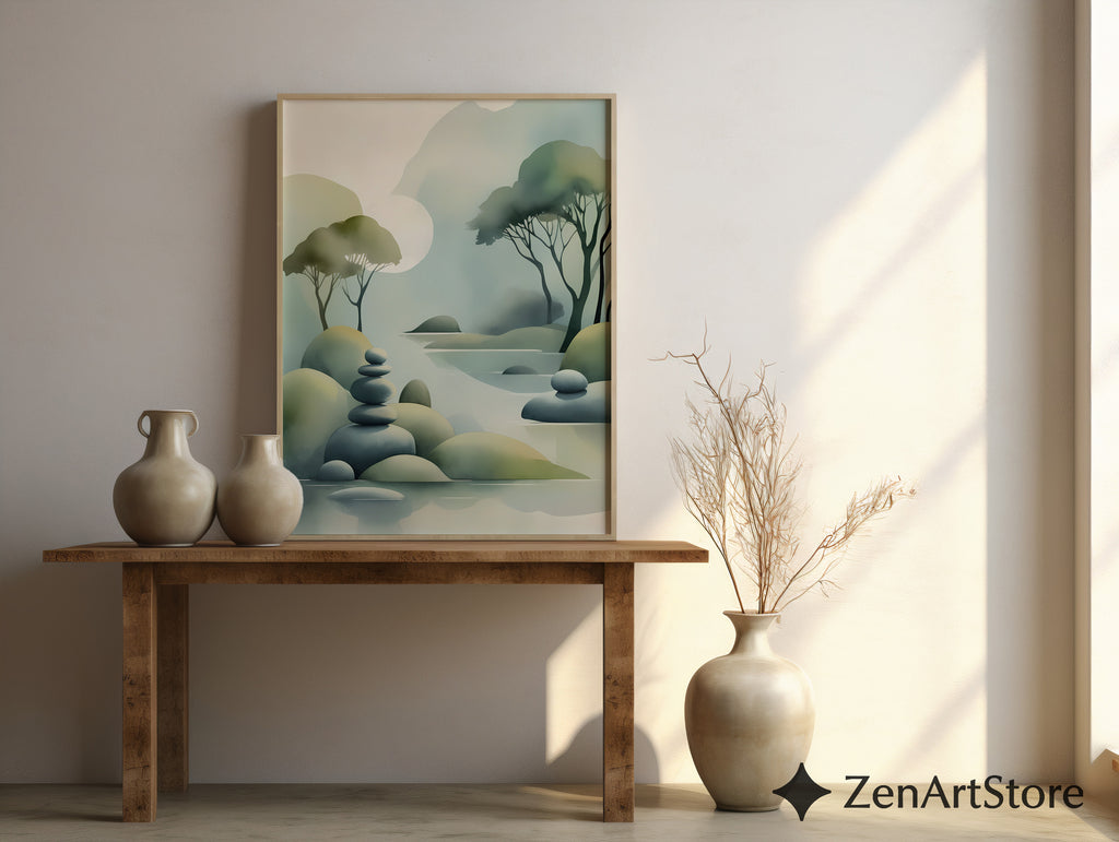 Zen Landscape Print - Minimal Abstract Nature Wall Art, Japandi Misty Trees & Stacked Stones Neutral Green Home Decor
