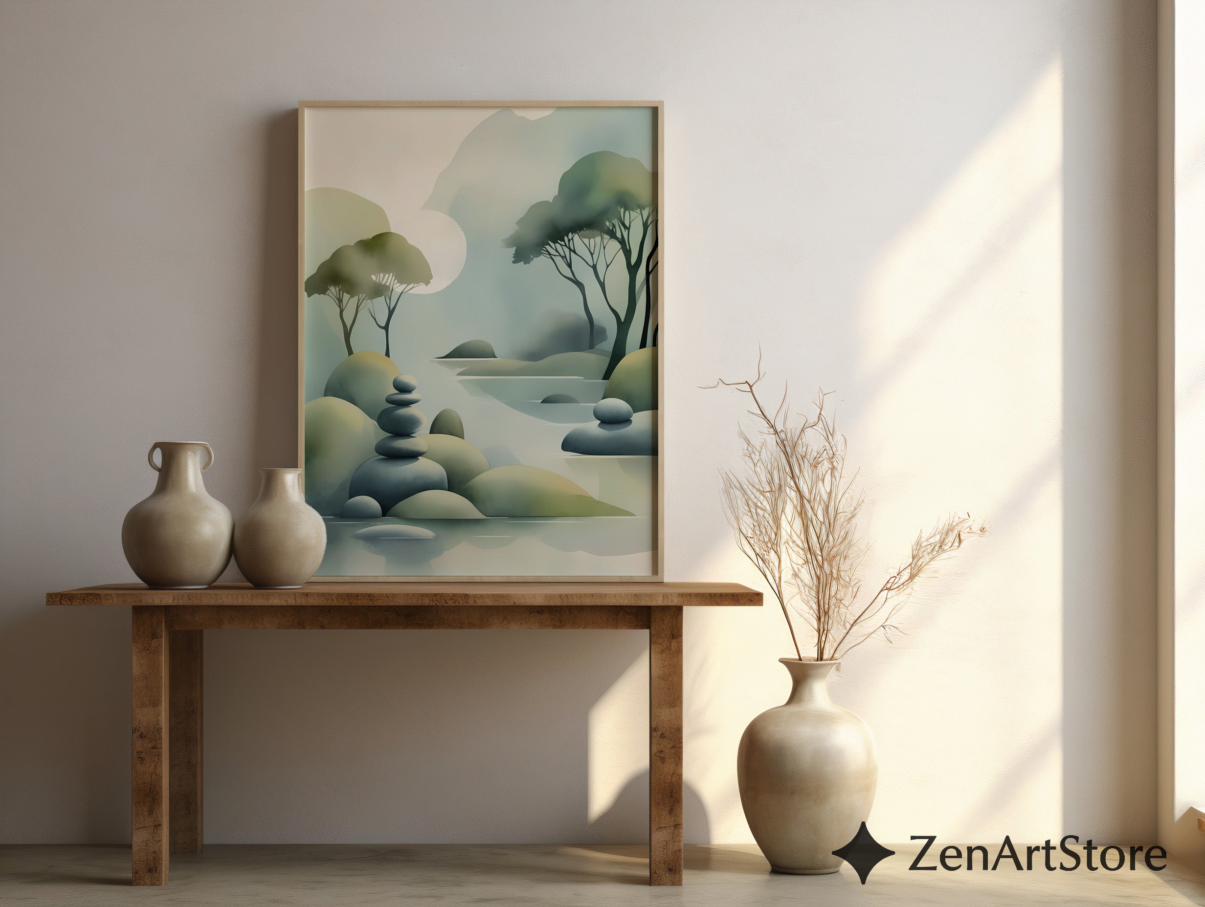 Zen Landscape Print - Minimal Abstract Nature Wall Art, Japandi Misty Trees & Stacked Stones Neutral Green Home Decor