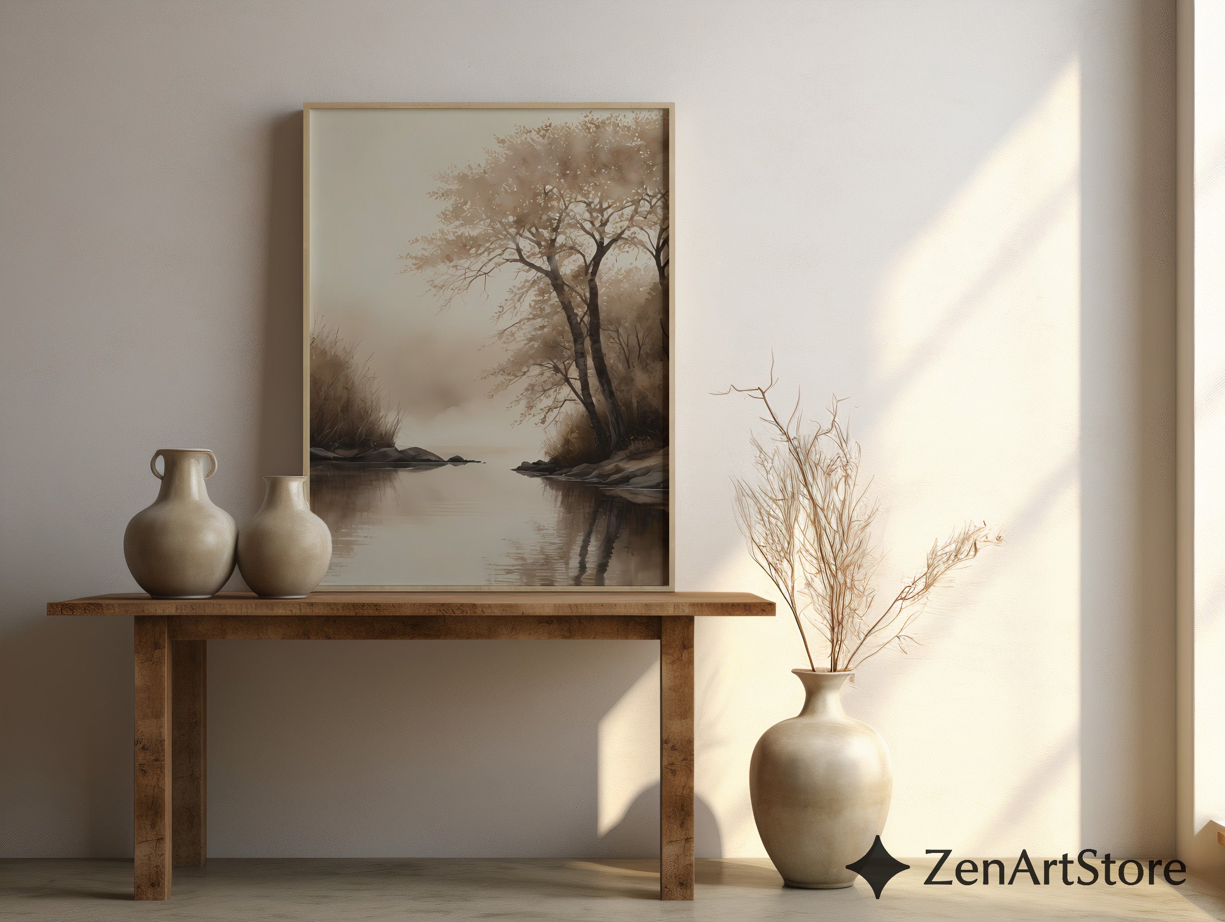 Serene Sepia Lake Landscape Print – Minimal Japandi Wabi Sabi Wall Art, Neutral Brown Beige Canvas or Digital Download