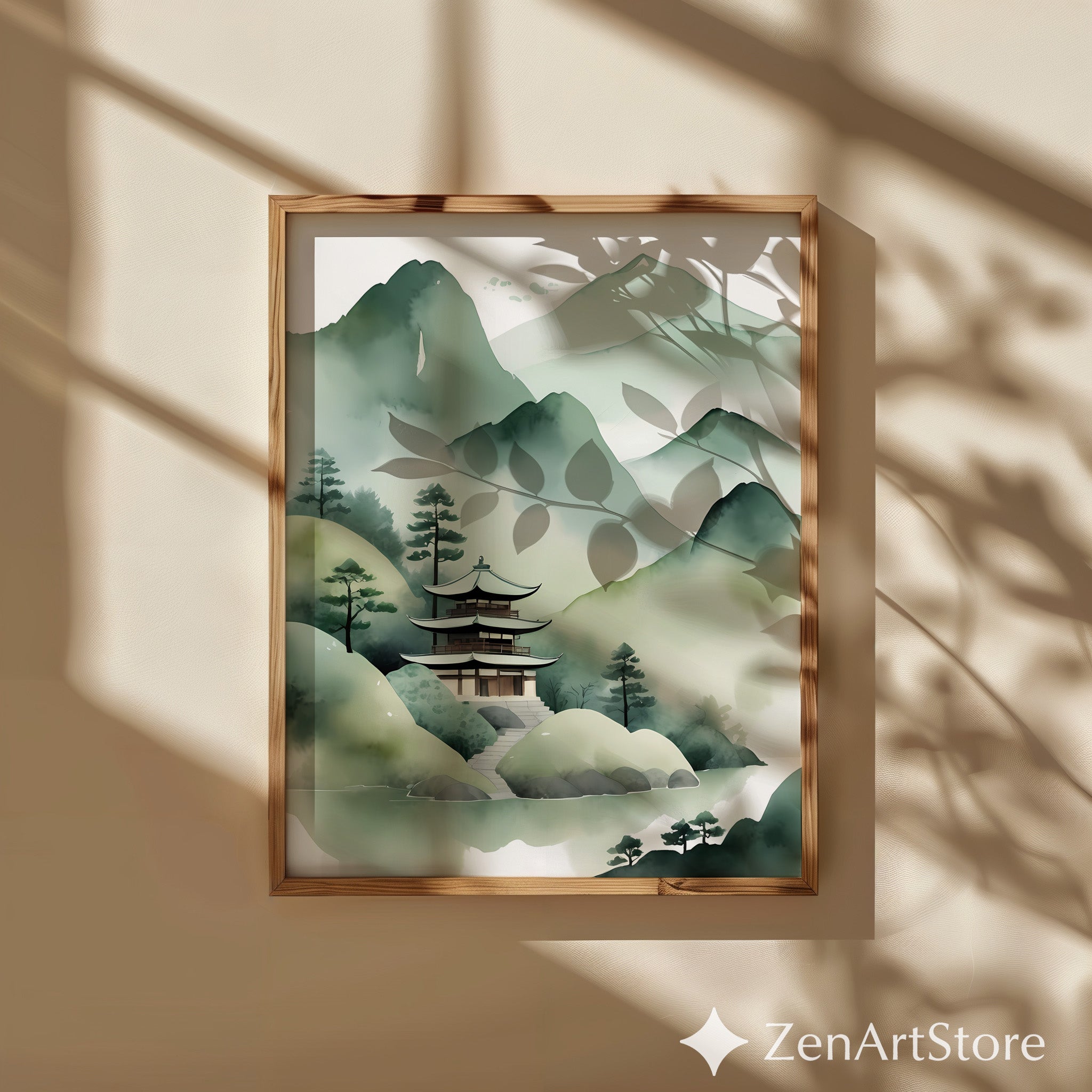 Misty Mountain Pagoda Print - Japanese Watercolor Landscape Wall Art, Zen Japandi Minimalist Green Home Decor