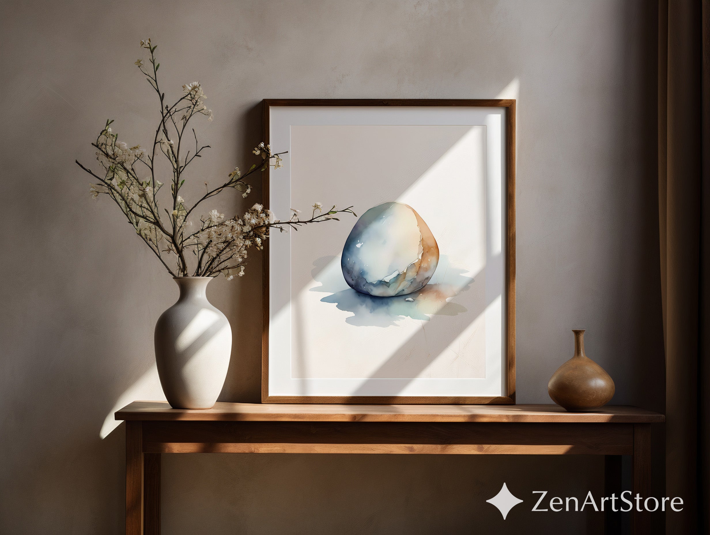 Minimalist Watercolor Stone Art – Neutral Abstract Egg-Shaped Print for Zen Wabi Sabi Japandi Scandinavian Home Decor