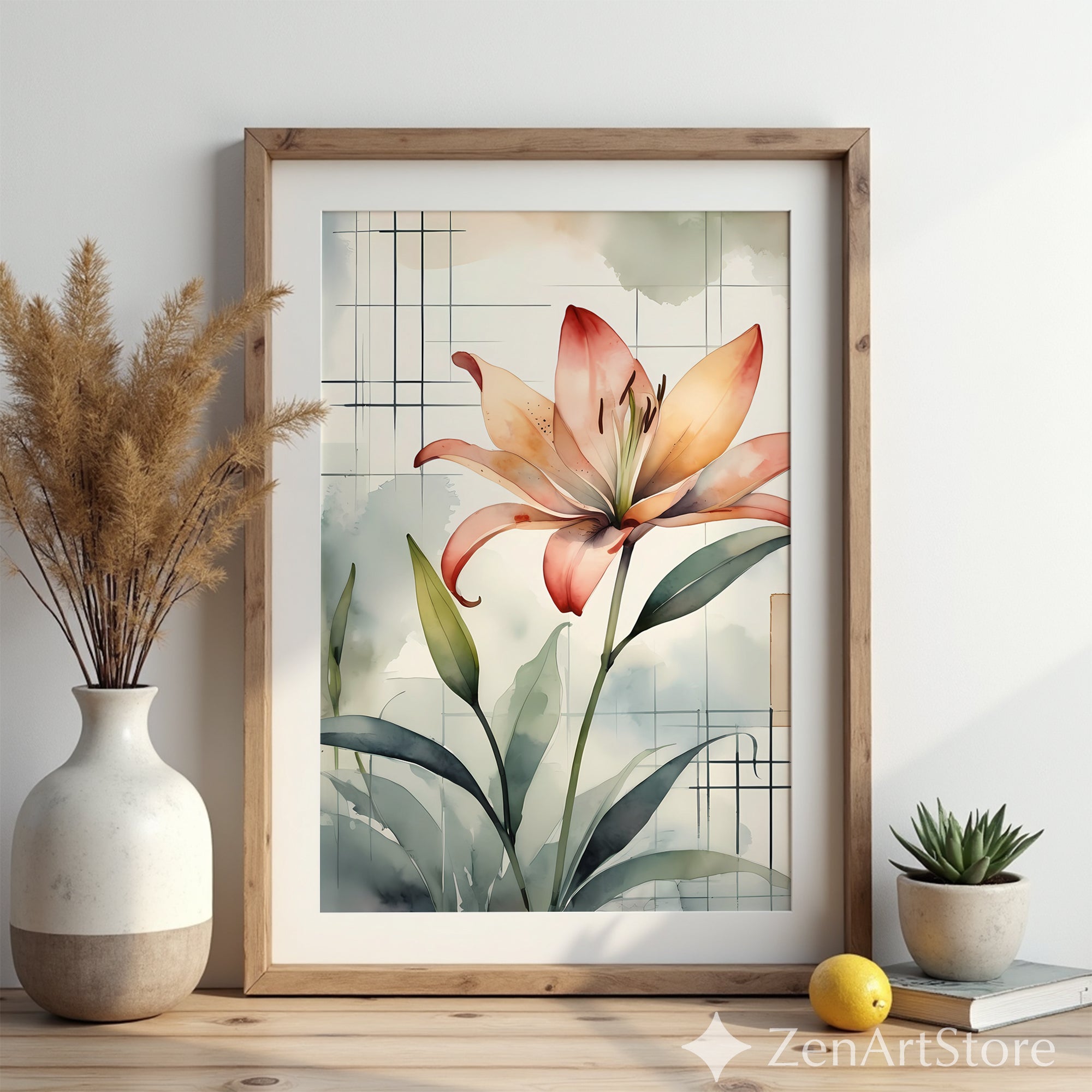 Peach Lily Watercolor Wall Art - Botanical Floral Print, Japandi Minimal Canvas or Printable, Neutral Modern Home Decor