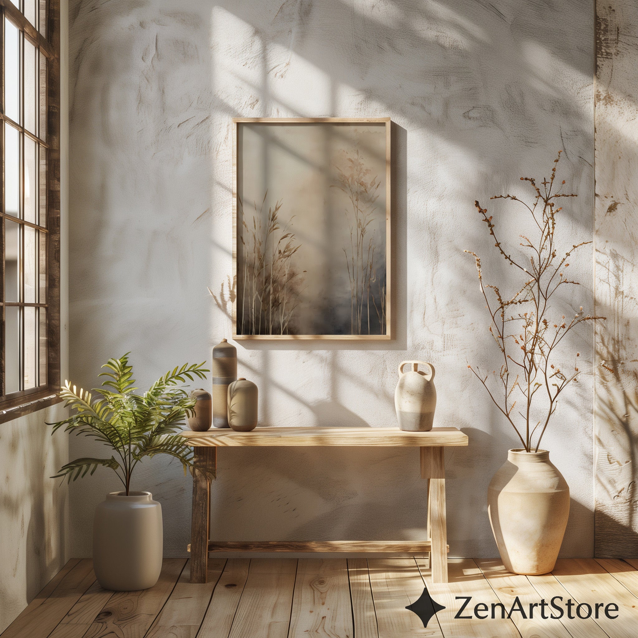 Neutral Botanical Wall Art — Beige Minimal Grass Print, Japandi Wabi Sabi Landscape for Living Room & Bedroom