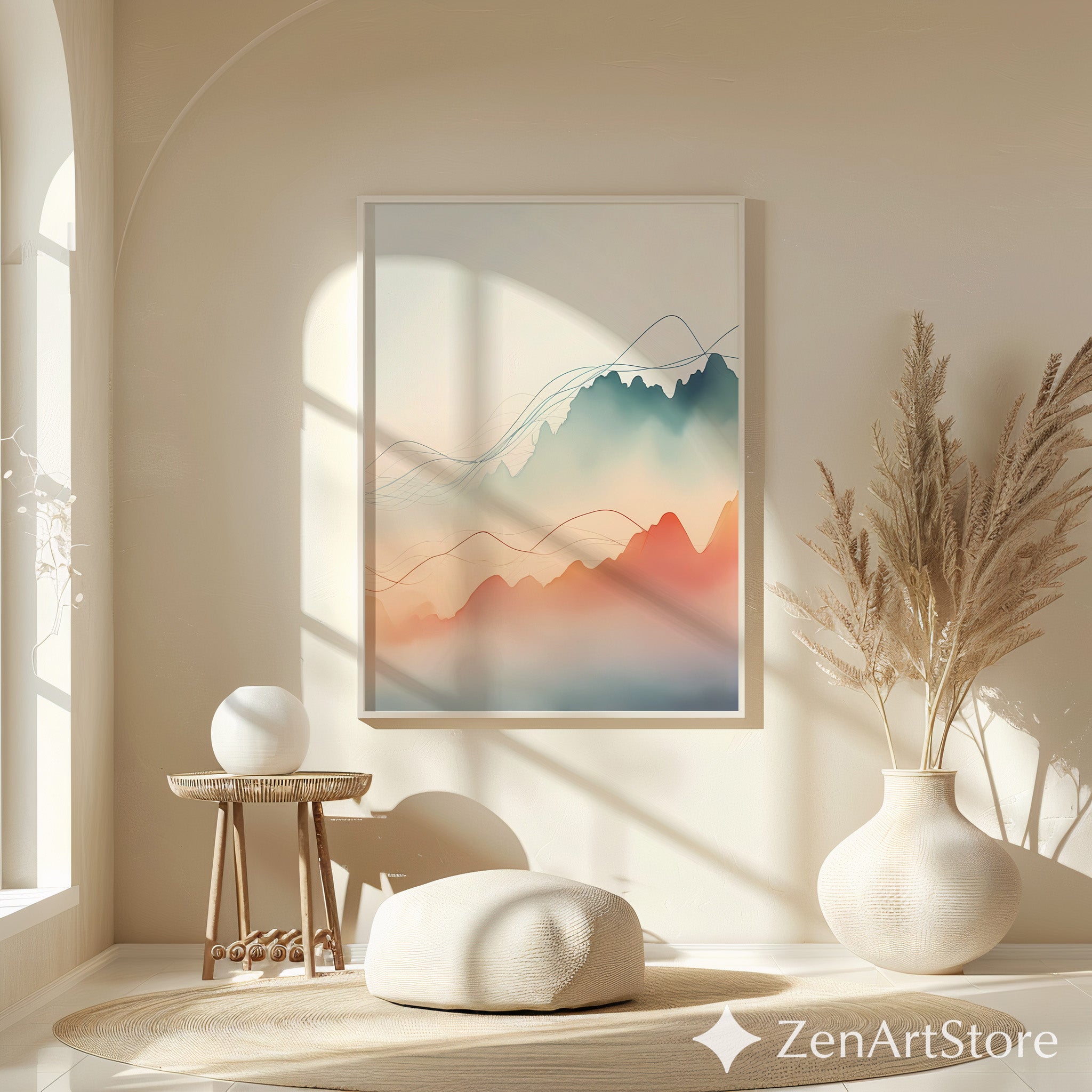 Minimal Abstract Mountain Landscape Wall Art, Japandi Neutral Pastel Line Art Print for Living Room & Bedroom