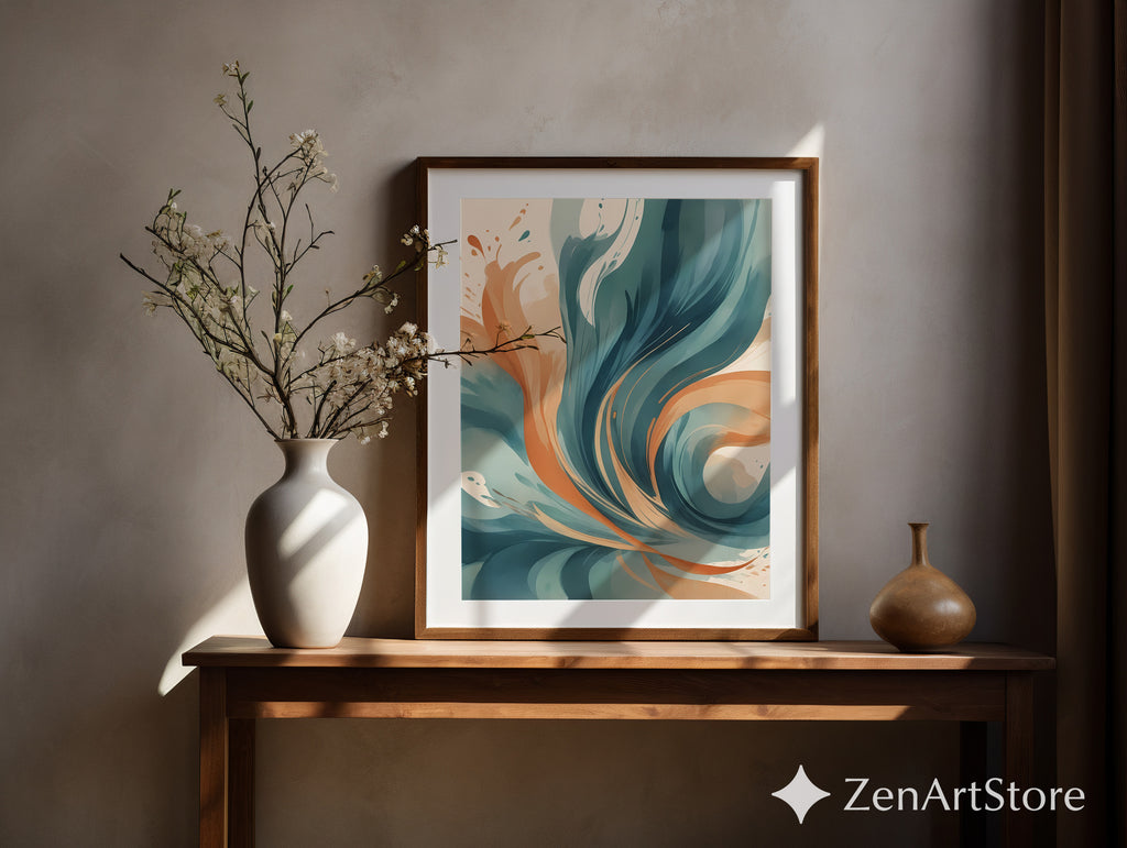 Abstract Teal & Terracotta Wall Art - Modern Minimalist Printable Canvas, Calm Japandi Living Room Decor