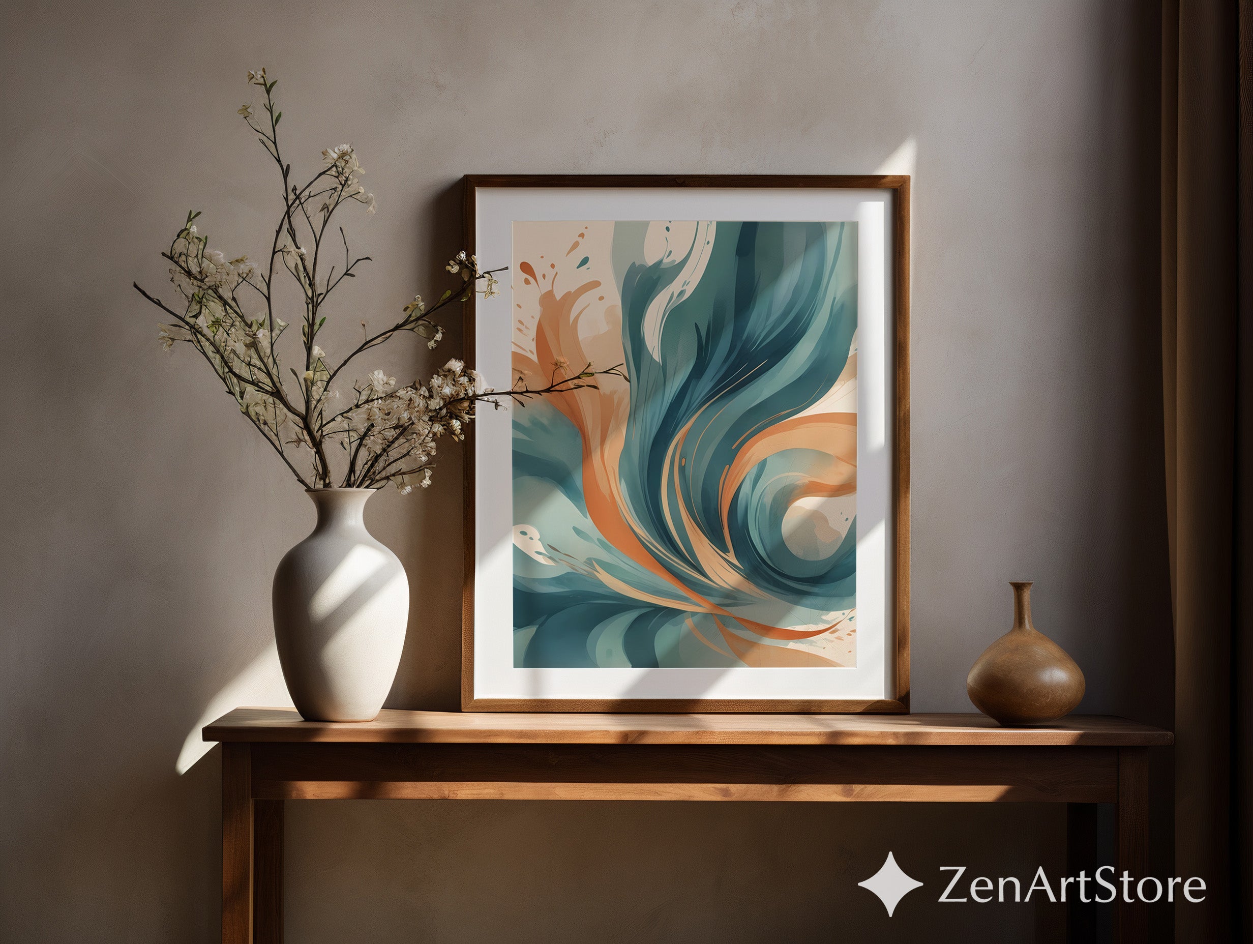 Abstract Teal & Terracotta Wall Art - Modern Minimalist Printable Canvas, Calm Japandi Living Room Decor