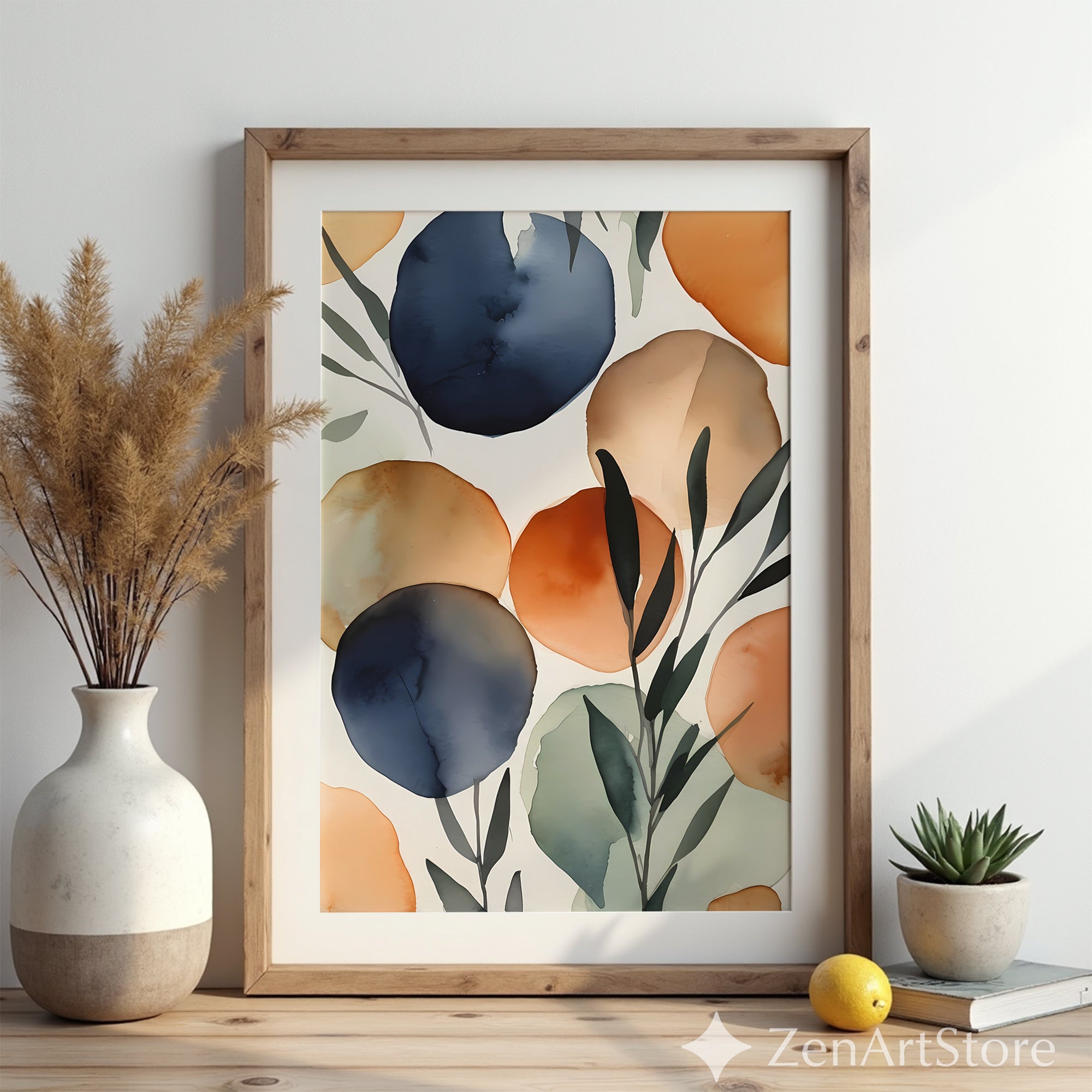 Abstract Watercolor Botanical Wall Art - Navy & Terracotta Minimal Print, Japandi Scandinavian Neutral Home Decor