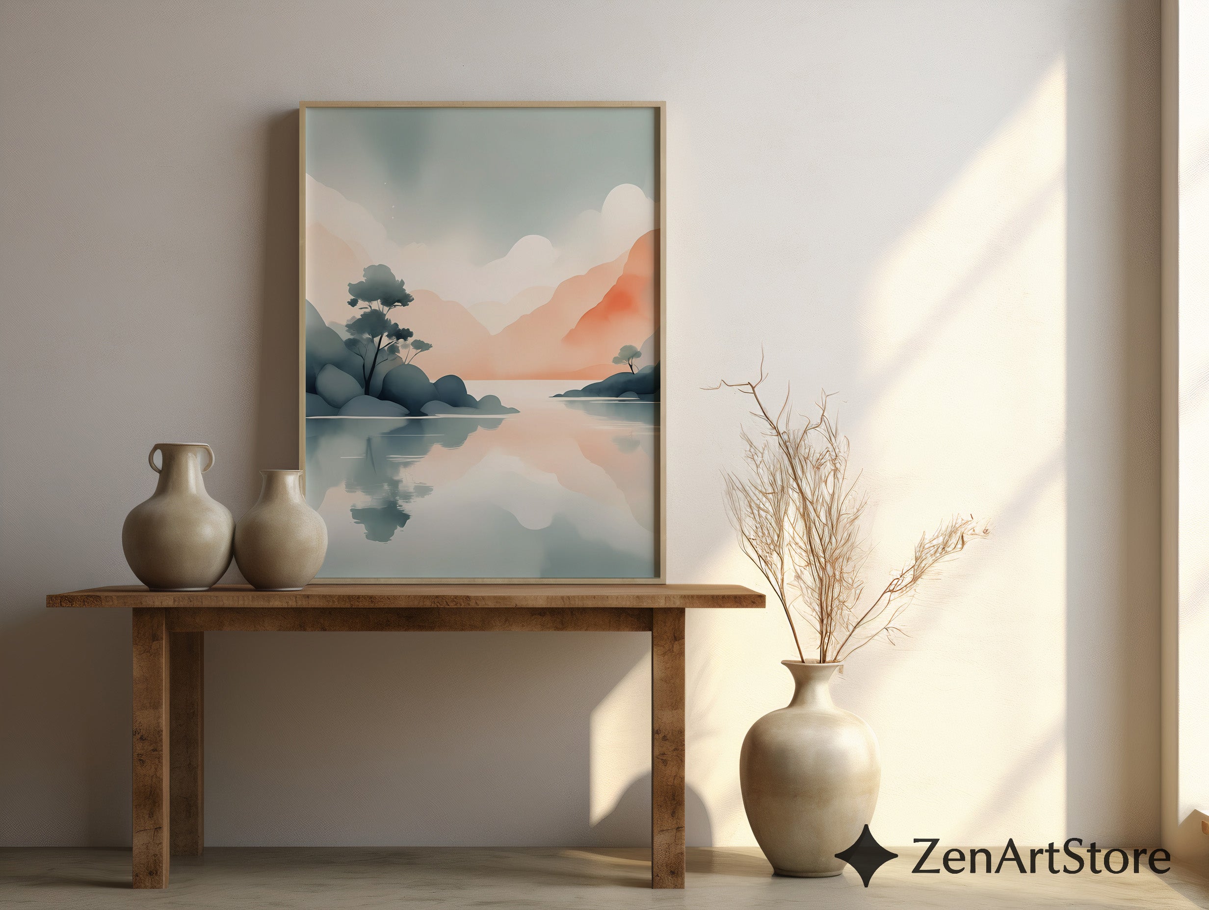 Zen Japandi Pastel Landscape Print - Minimal Mountain Lake Wall Art, Calm Abstract Reflection, Neutral Home Decor Printable