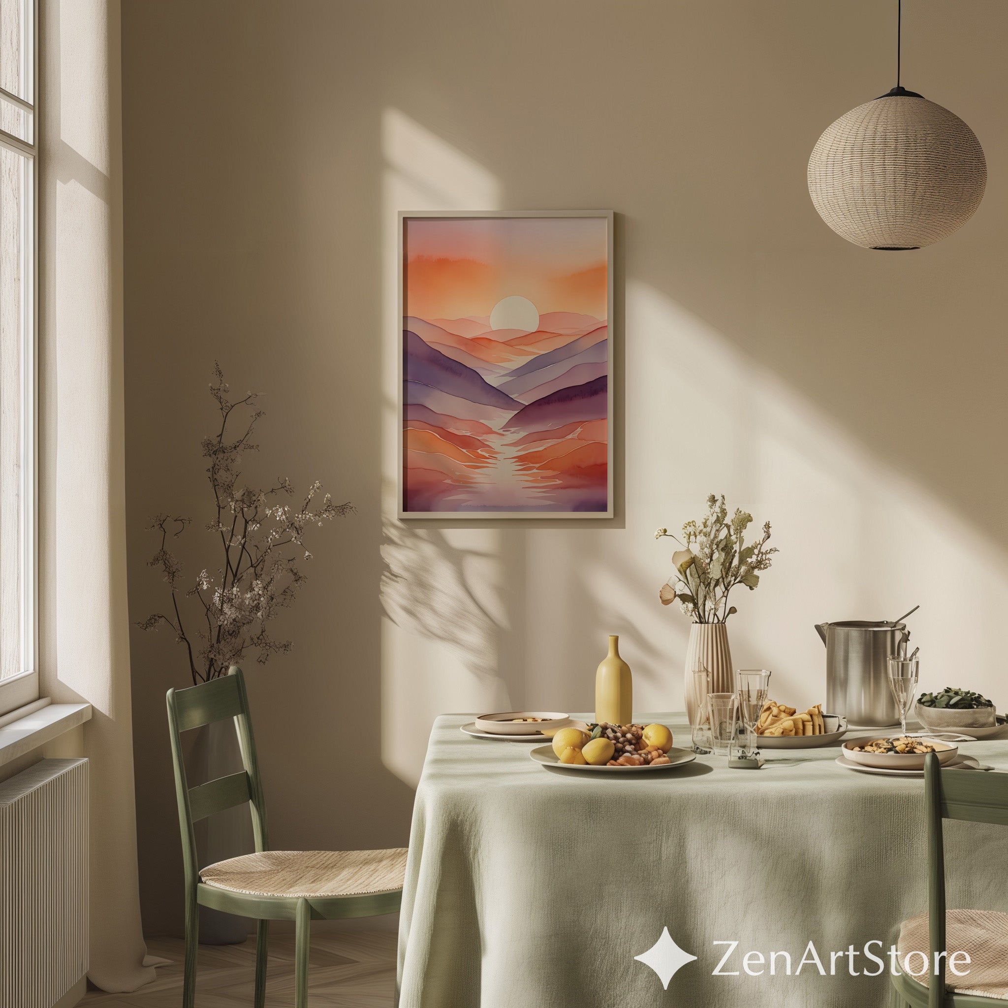 Sunset Mountain Watercolor Print – Minimal Abstract Landscape Wall Art Pink Orange Purple Japandi Boho Neutral Home Decor