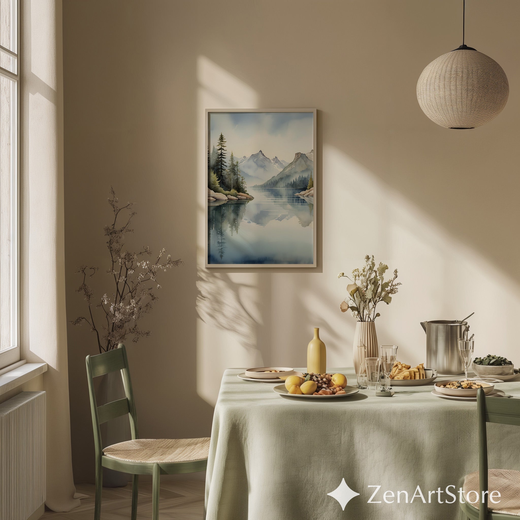 Serene Mountain Lake Watercolor Print - Misty Pines Reflection Wall Art - Scandinavian Japandi Minimal Neutral Home Decor