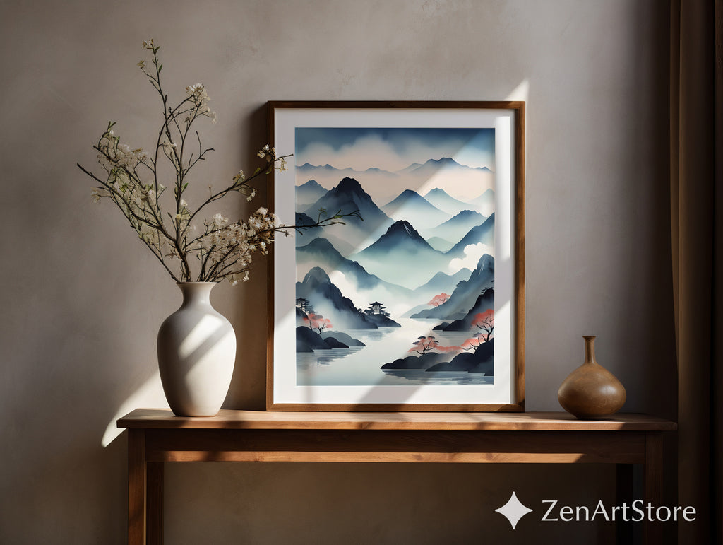 Misty Mountain Japanese Landscape Print - Zen Japandi Watercolor Wall Art for Living Room