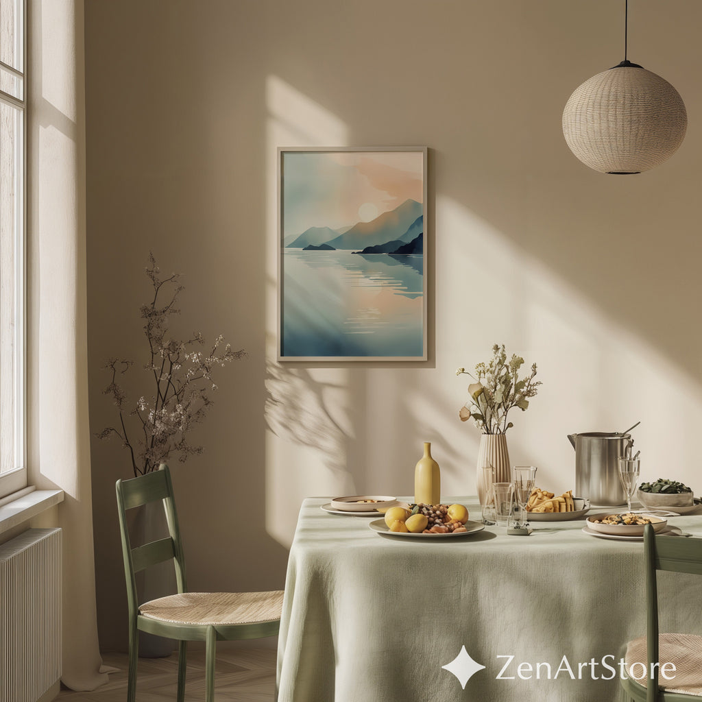 Minimalist Mountain Lake Sunrise Wall Art - Calming Japandi Landscape Print in Neutral Blue & Beige