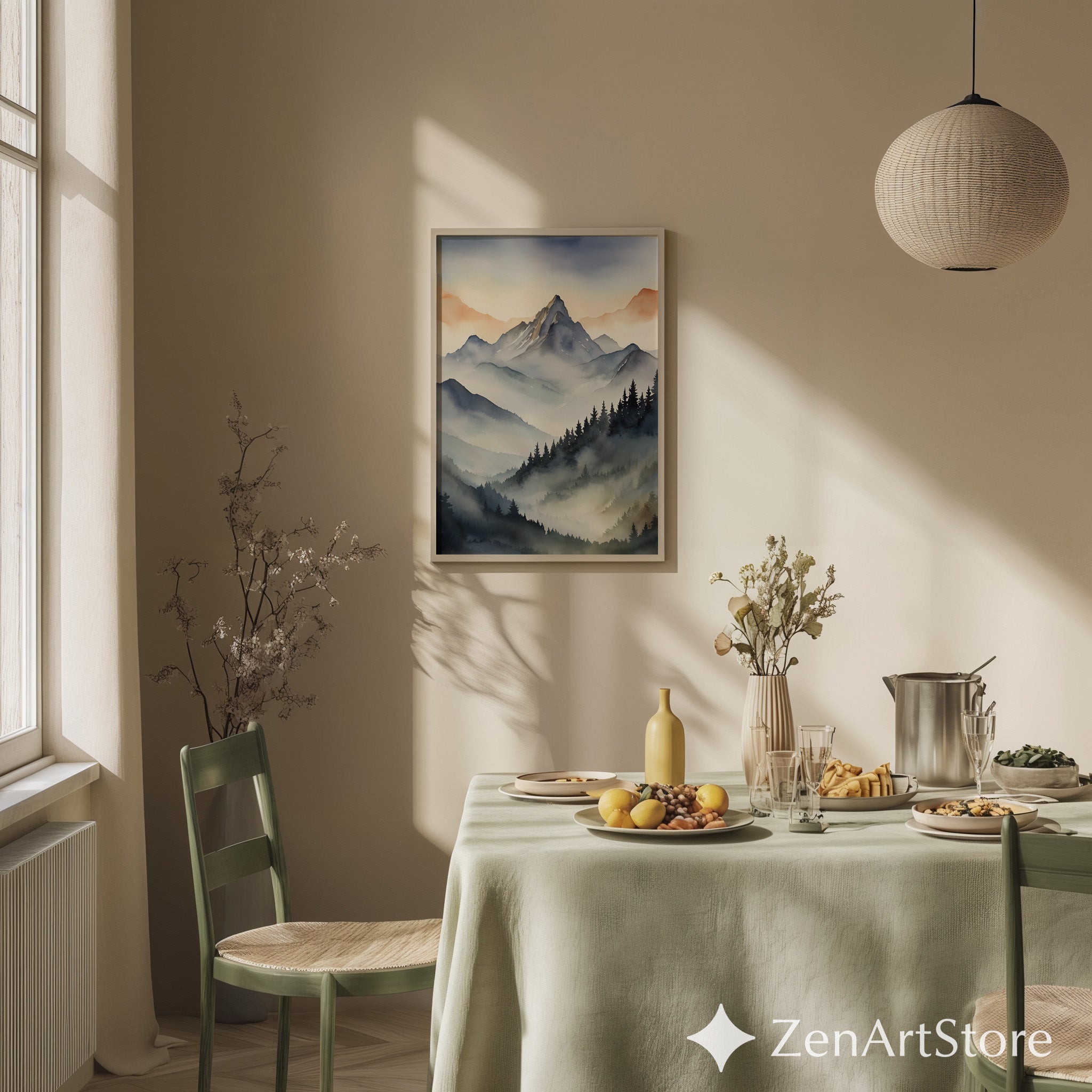 Misty Mountain Wall Art - Neutral Watercolor Landscape Print, Japandi Scandinavian Zen Home Decor, Modern Mountain Poster