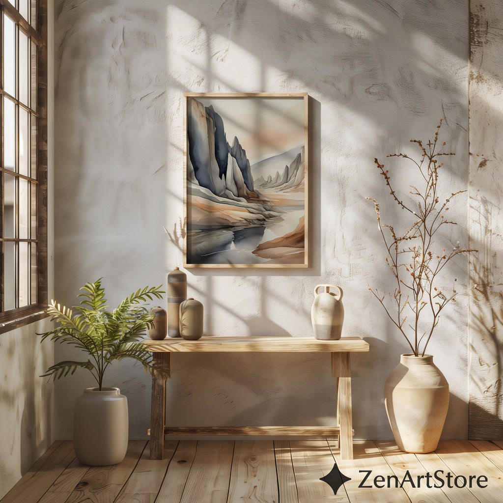 Neutral Abstract Landscape Art Print — Japandi Minimalist Mountain Wall Art, Beige & Slate Home Decor