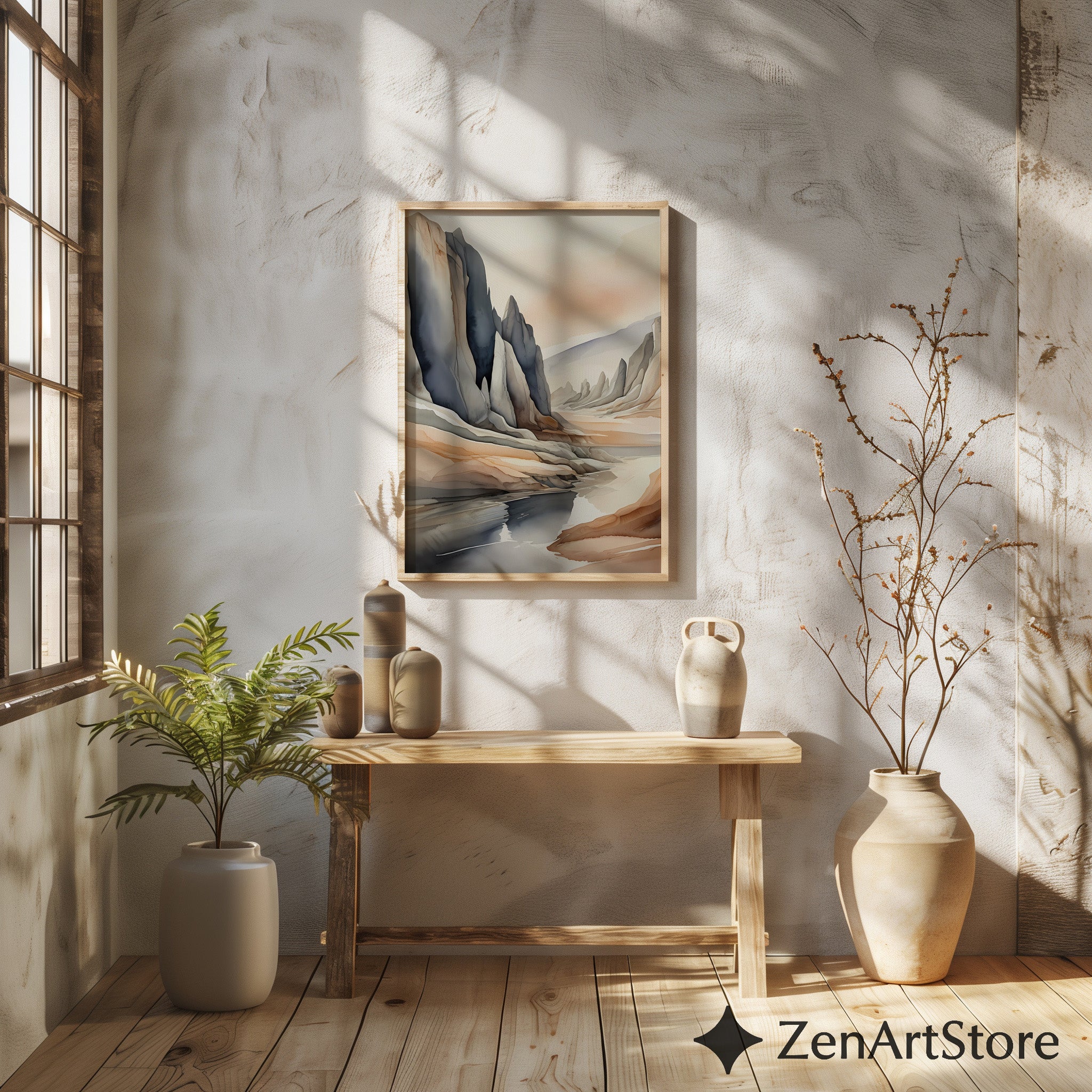 Neutral Abstract Landscape Art Print — Japandi Minimalist Mountain Wall Art, Beige & Slate Home Decor