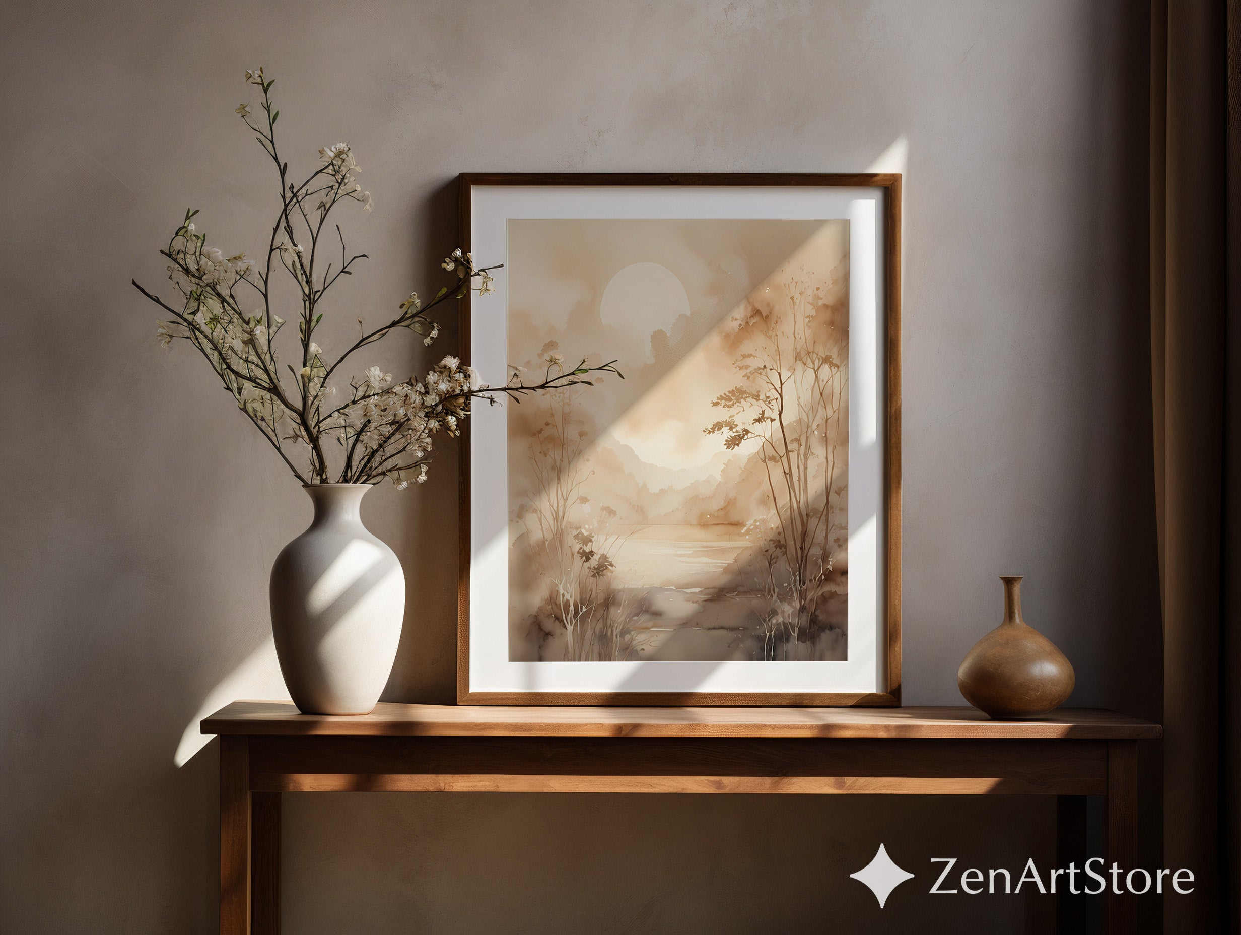 Serene Sepia Sunrise Watercolor Landscape Print - Minimal Neutral Wall Art for Living Room, Bedroom, Japandi Decor