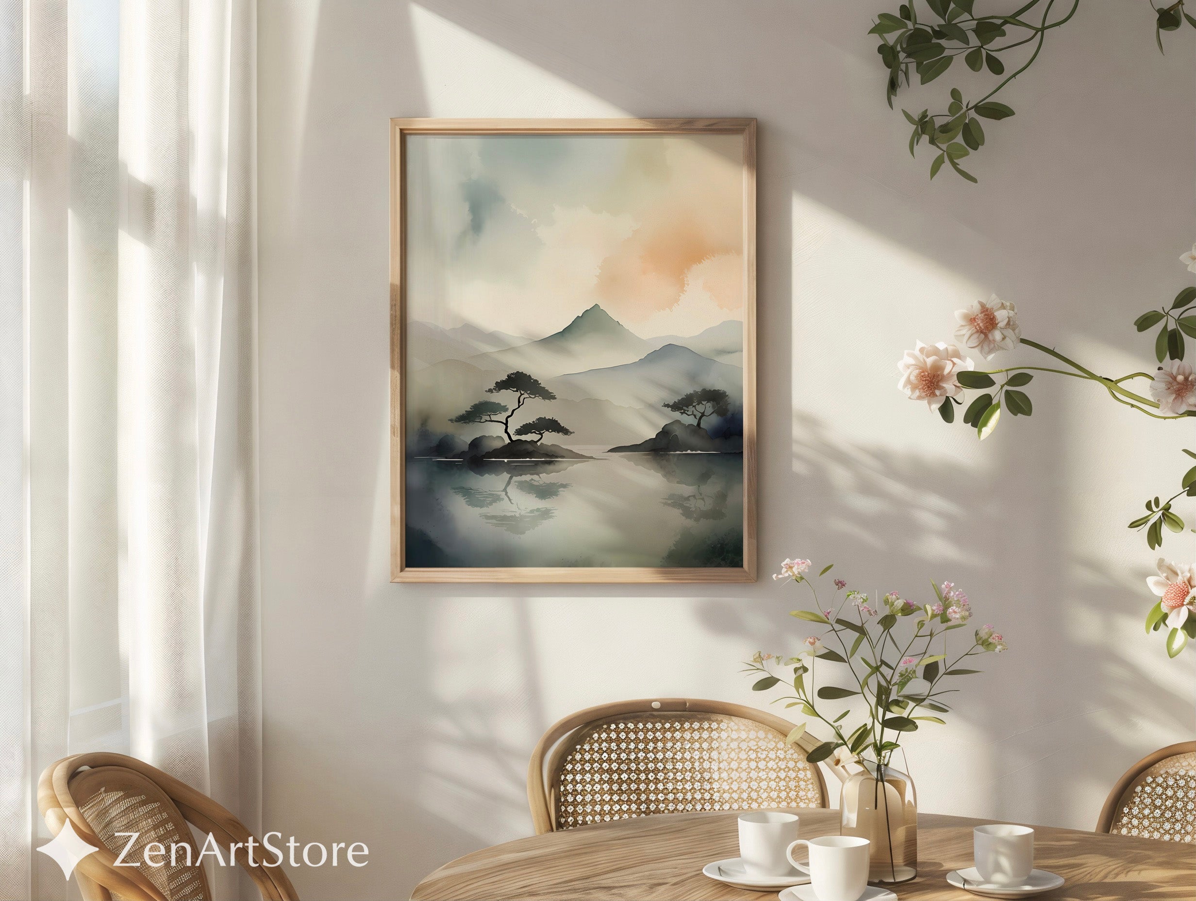 Zen Minimal Watercolor Mountain Print - Japandi Neutral Landscape Wall Art for Living Room