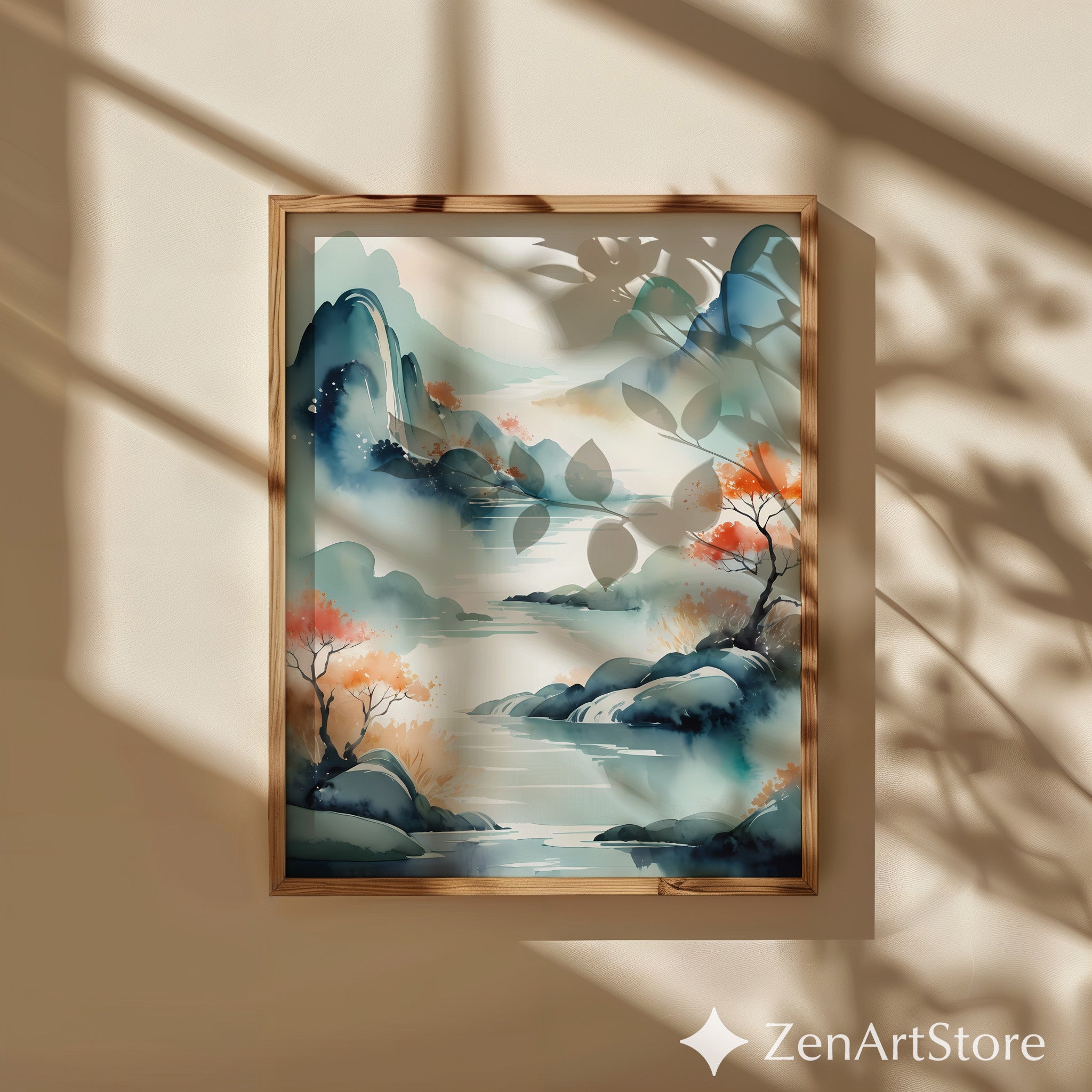 Serene Watercolor Landscape Print - Japandi Zen Mountain Lake Wall Art, Minimal Botanical Home Decor