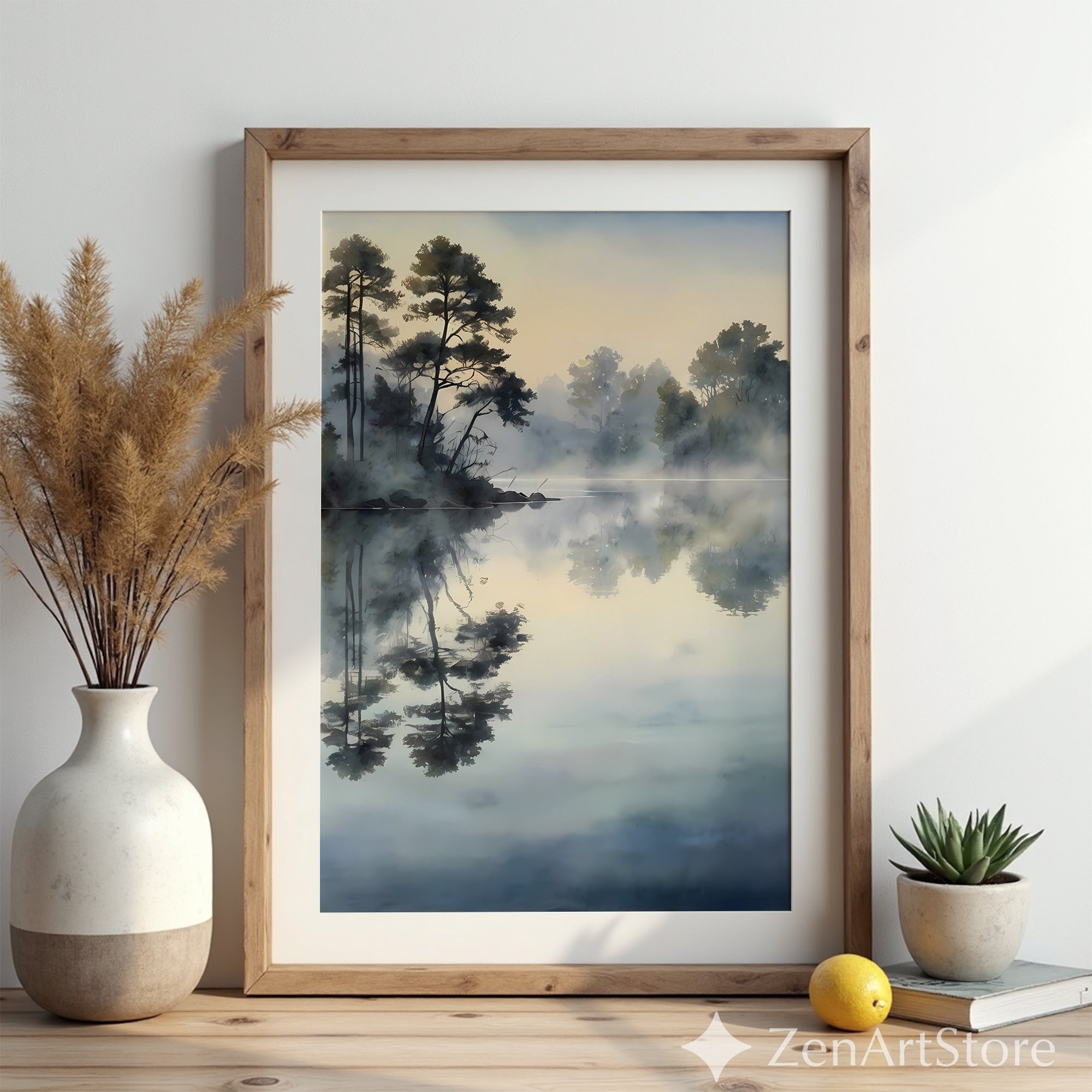 Misty Lake Reflection Watercolor Print - Calm Neutral Landscape Wall Art for Bedroom, Living Room, Japandi & Scandinavian Decor