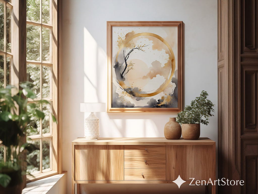 Abstract Zen Gold Circle Wall Art - Minimal Japandi Neutral Print Beige Black Botanical Landscape