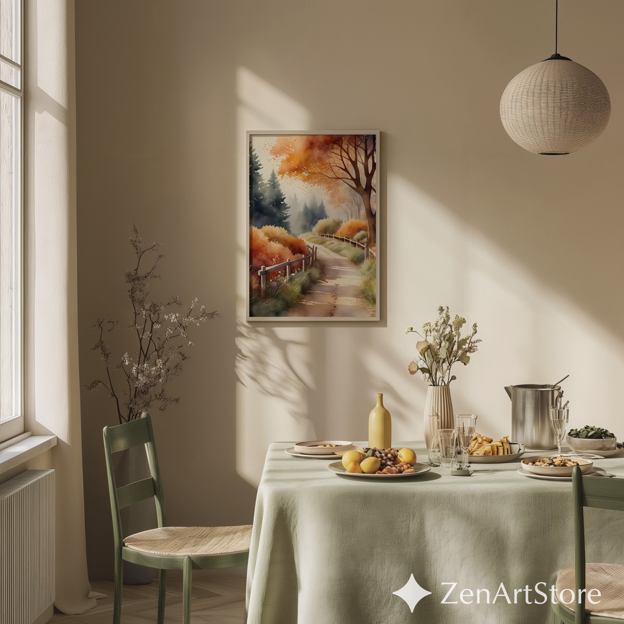 Autumn Path Watercolor Print - Fall Landscape Wall Art for Cozy Rustic, Japandi & Boho Home Decor