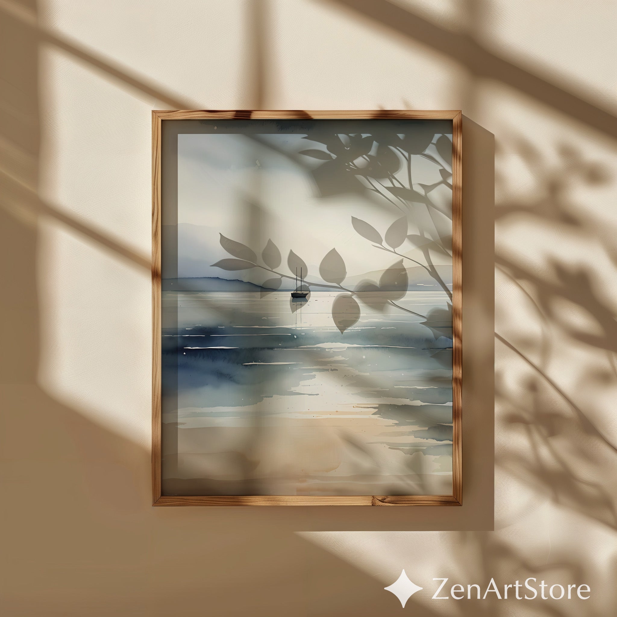 Minimal Watercolor Seascape Print with Lone Sailboat - Serene Neutral Coastal Wall Art for Living Room, Bedroom, Japandi Decor