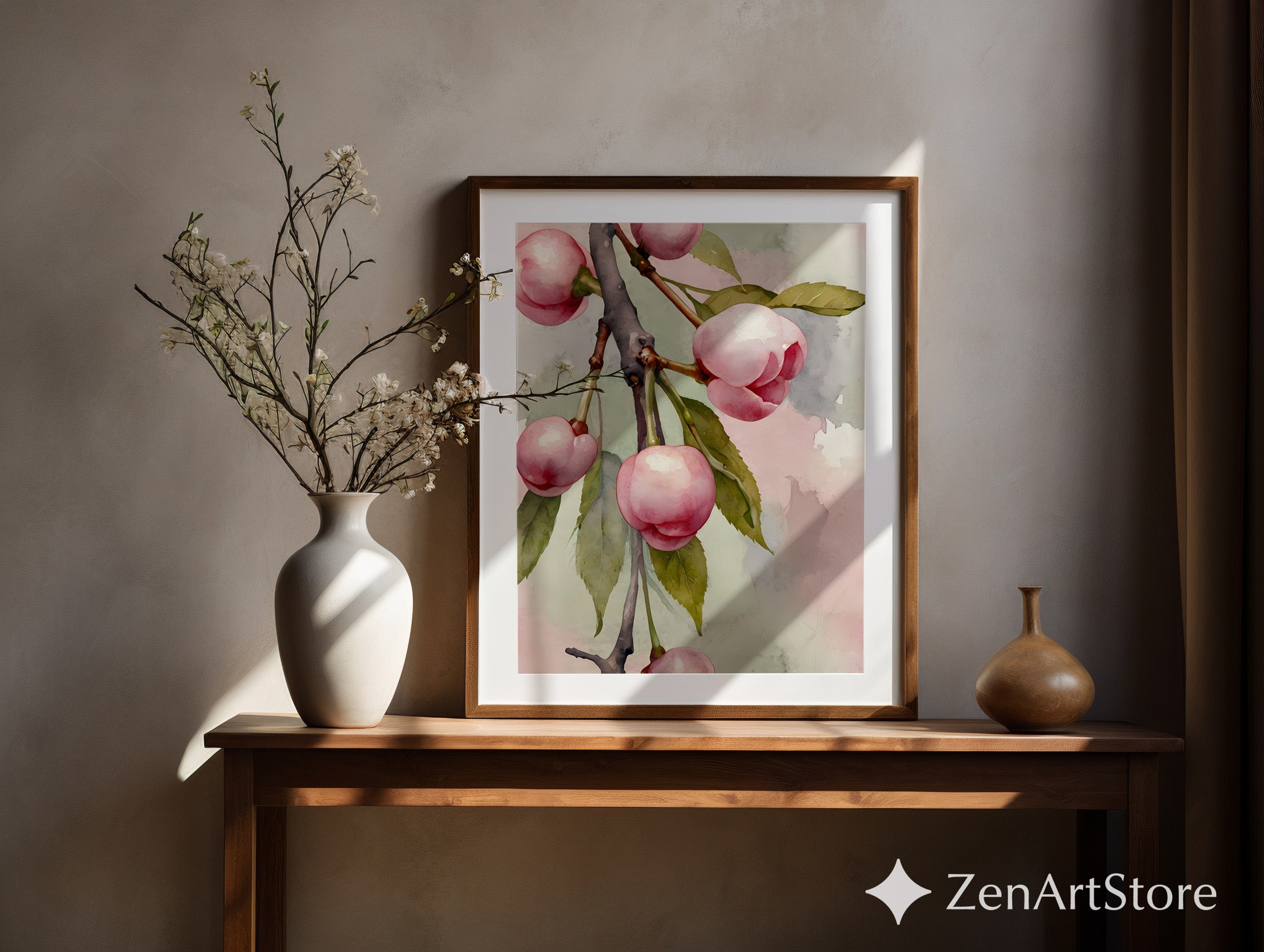 Pink Cherry Botanical Watercolor Art Print - Soft Minimal Floral Wall Decor for Living Room, Bedroom, Nursery, Japandi