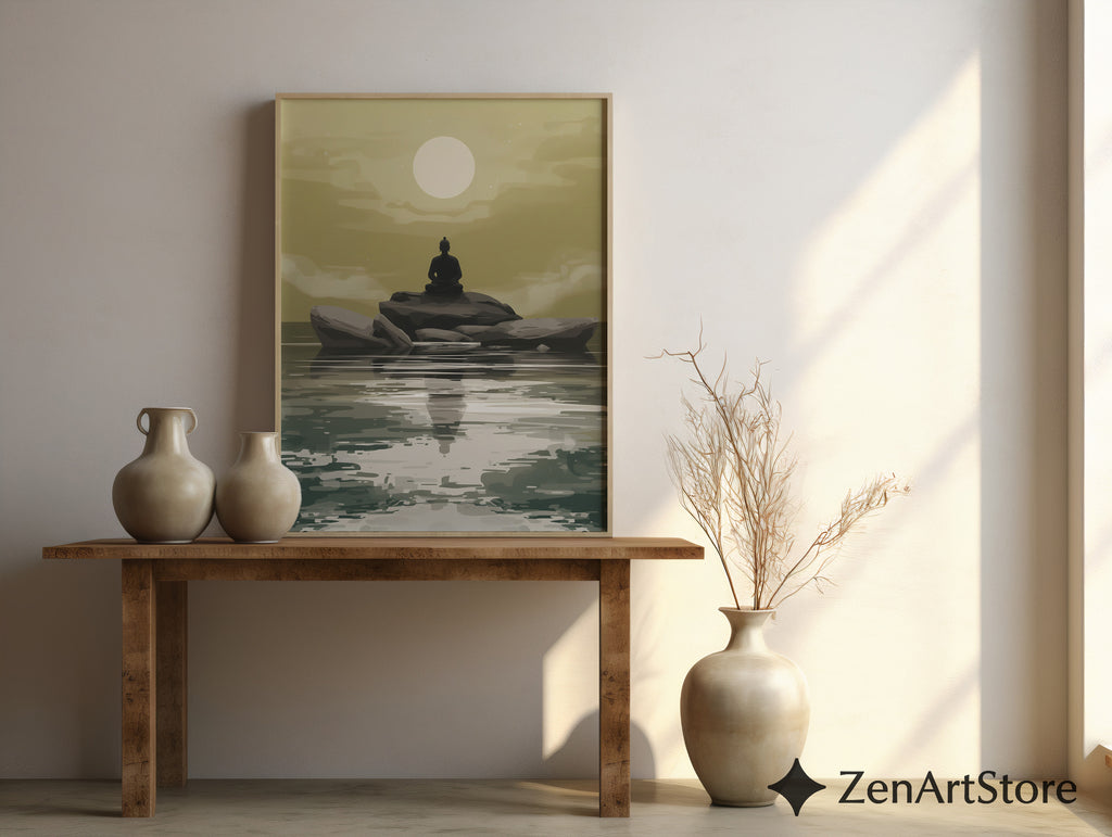 Zen Buddha Minimalist Wall Art - Meditative Landscape Print in Neutral Beige & Green for Japandi, Scandinavian Home Decor