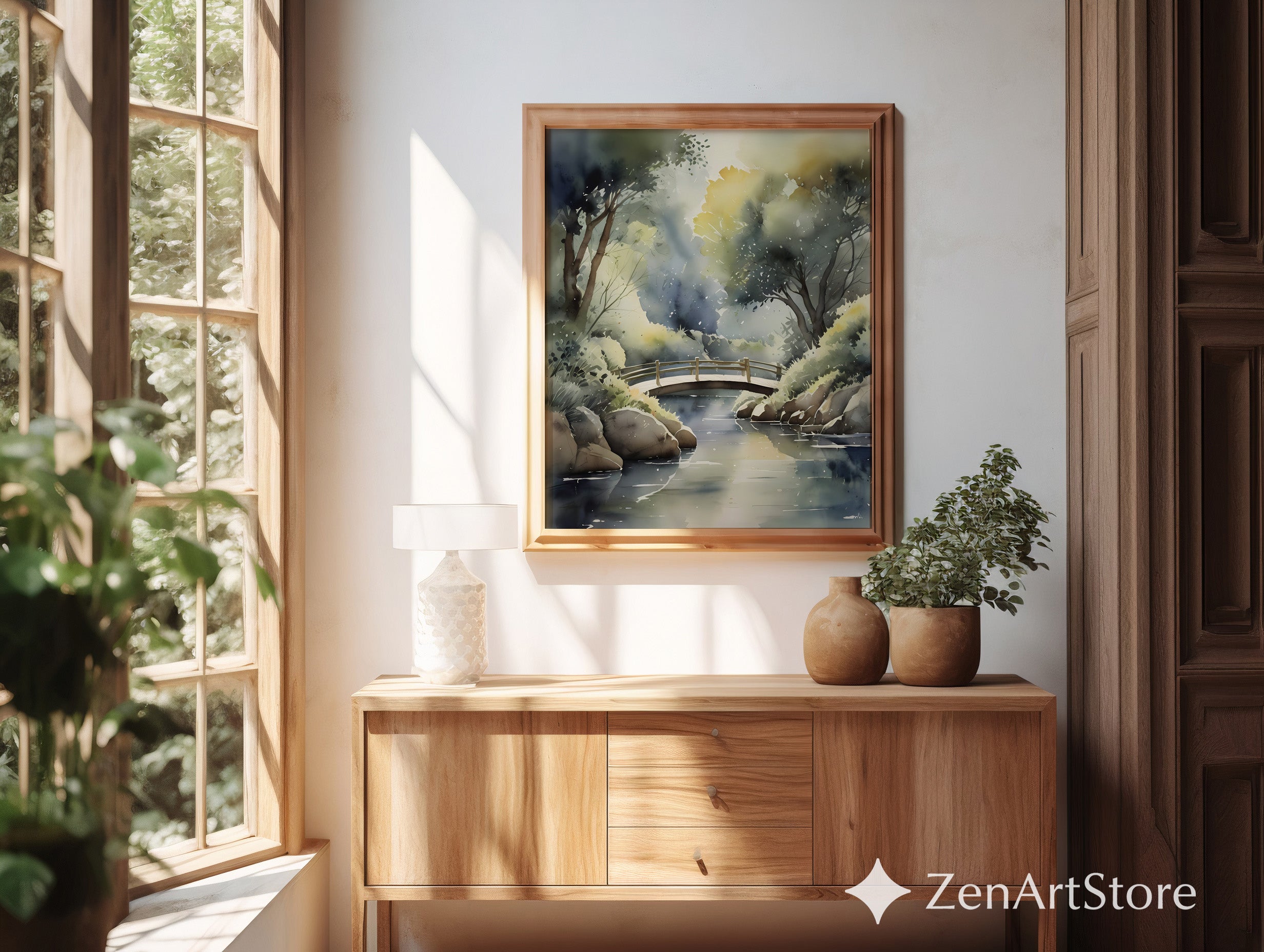 Zen Watercolor Bridge Print - Serene Forest Landscape Art, Japandi Neutral Wall Decor, Calming Giclée or Digital Download