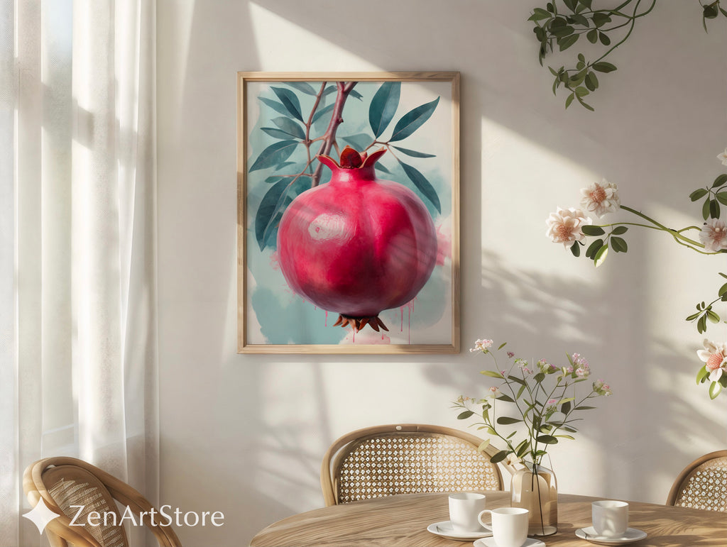 Pomegranate Wall Art Print - Botanical Fruit Still Life, Modern Minimalist Kitchen & Dining Decor, Japandi Wabi Sabi Scandi Style