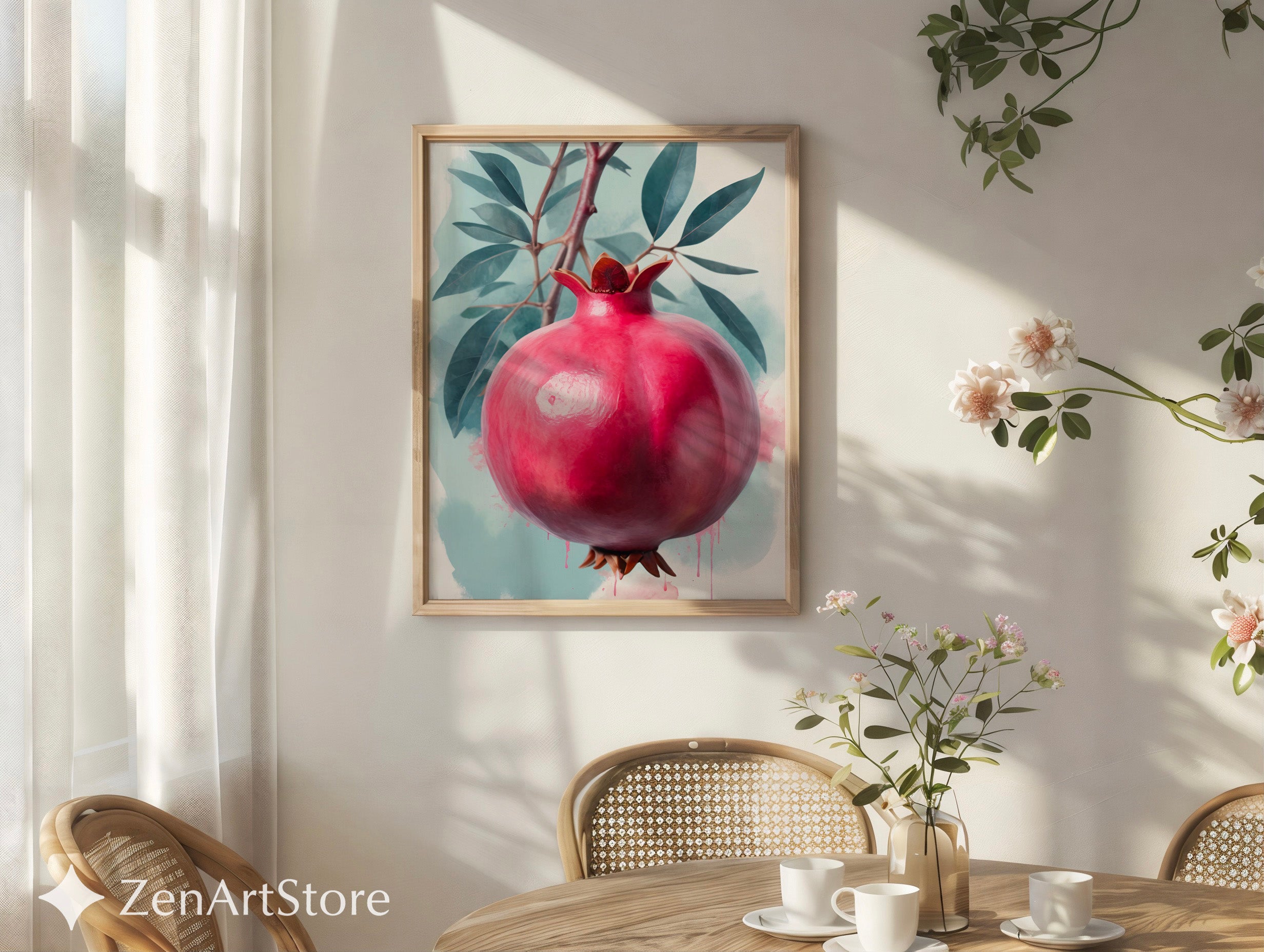 Pomegranate Wall Art Print - Botanical Fruit Still Life, Modern Minimalist Kitchen & Dining Decor, Japandi Wabi Sabi Scandi Style