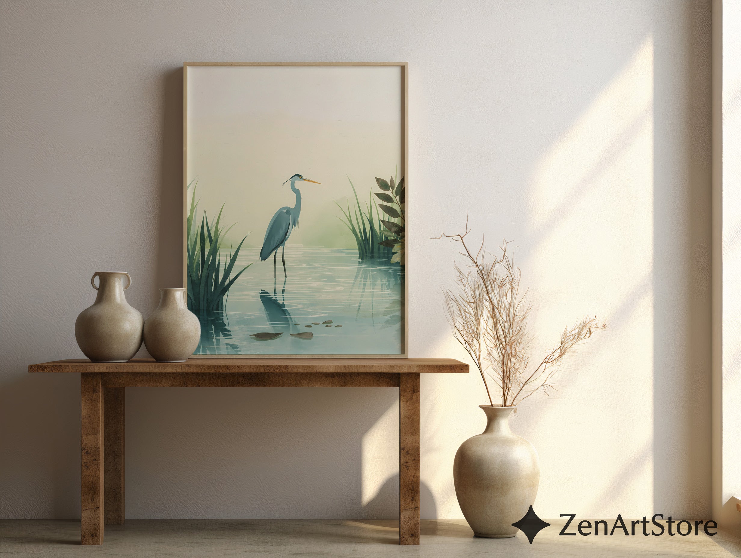 Calm Heron Wetland Wall Art - Minimal Botanical Bird Print for Japandi & Scandinavian Neutral Home Decor