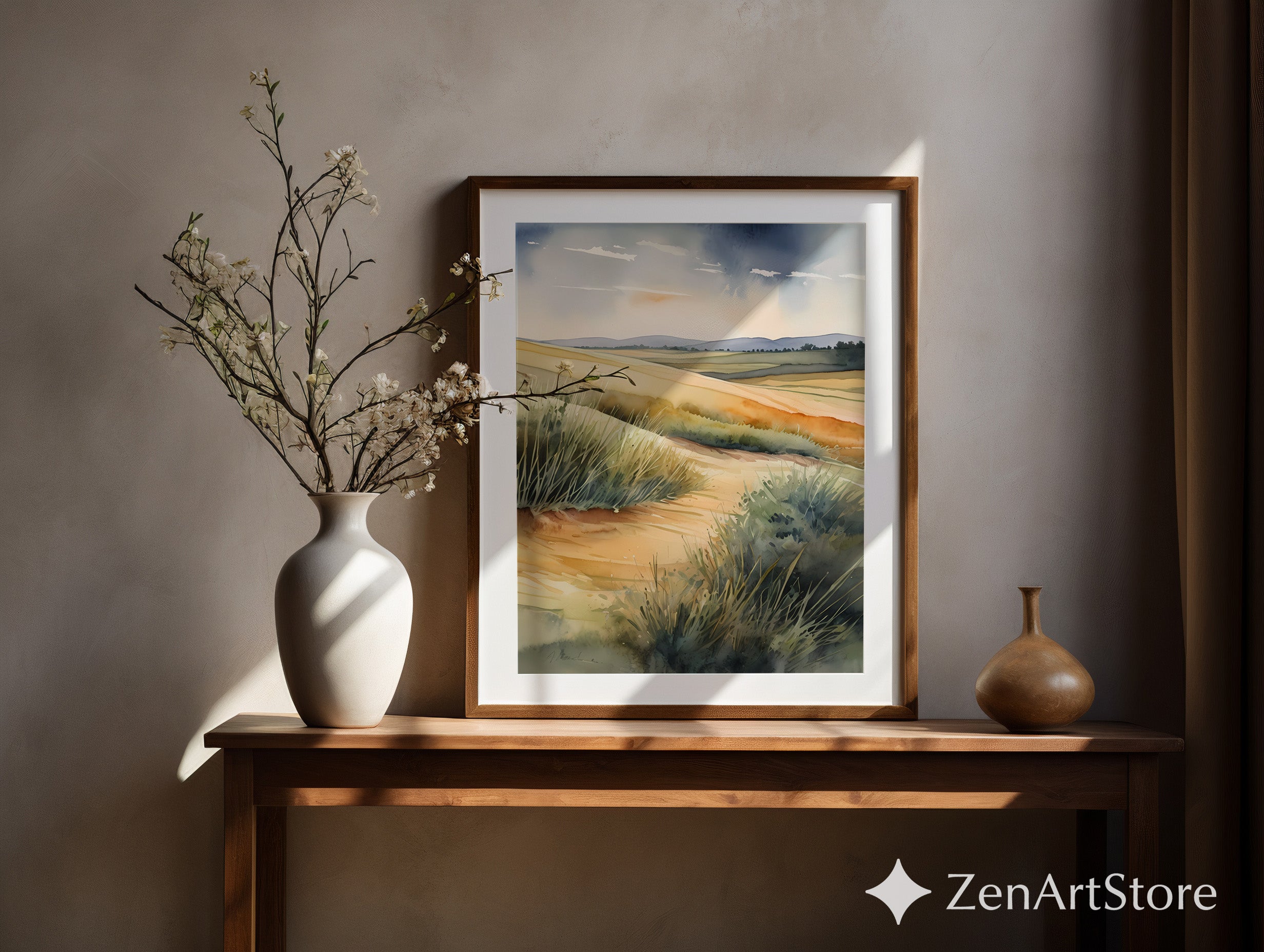 Coastal Dune Watercolor Print - Neutral Landscape Wall Art, Sand Dunes & Sea Grass, Japandi Wabi-Sabi Minimal Home Decor